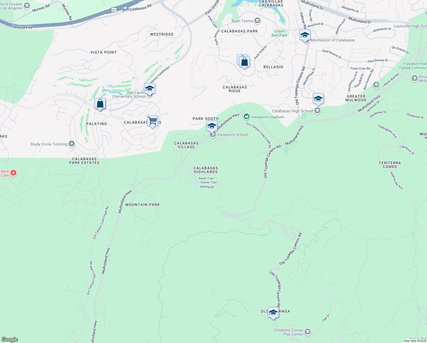 map of restaurants, bars, coffee shops, grocery stores, and more near 3512 Mesquite Drive in Calabasas