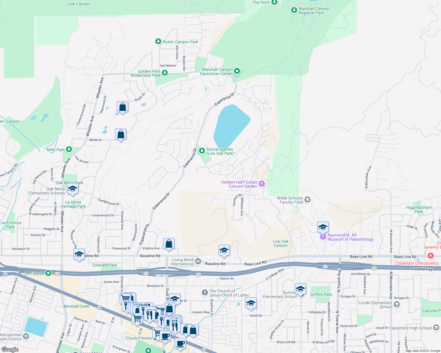 map of restaurants, bars, coffee shops, grocery stores, and more near 5406 Shemiran Street in La Verne