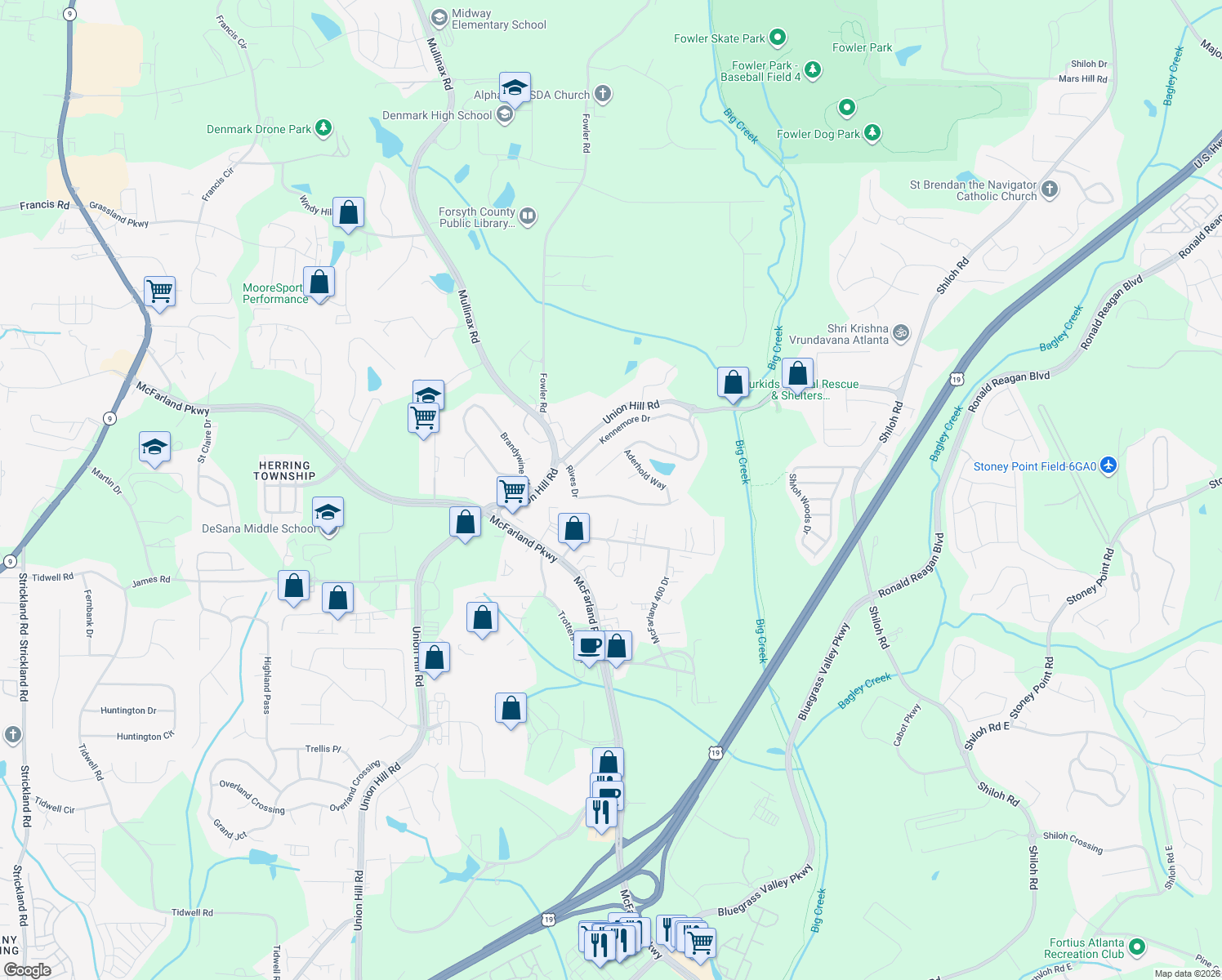 map of restaurants, bars, coffee shops, grocery stores, and more near 5845 Rives Dr in Alpharetta