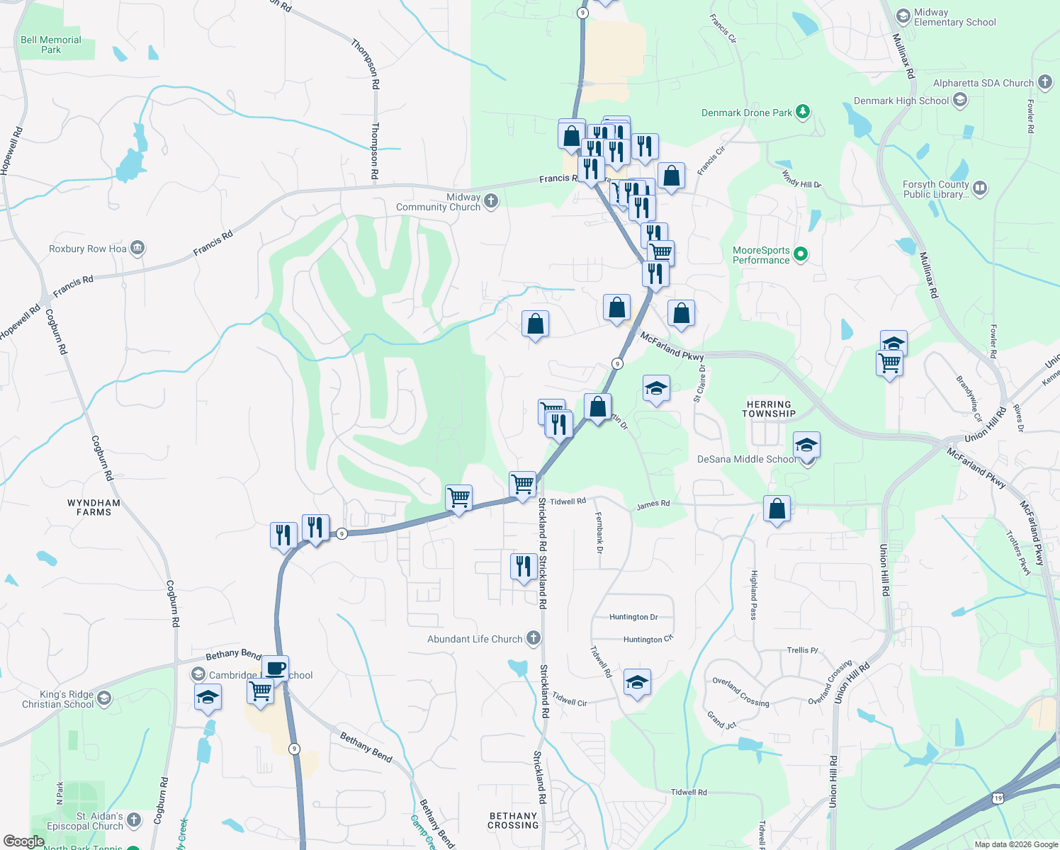 map of restaurants, bars, coffee shops, grocery stores, and more near 6650 Tulip Garden Way in Alpharetta