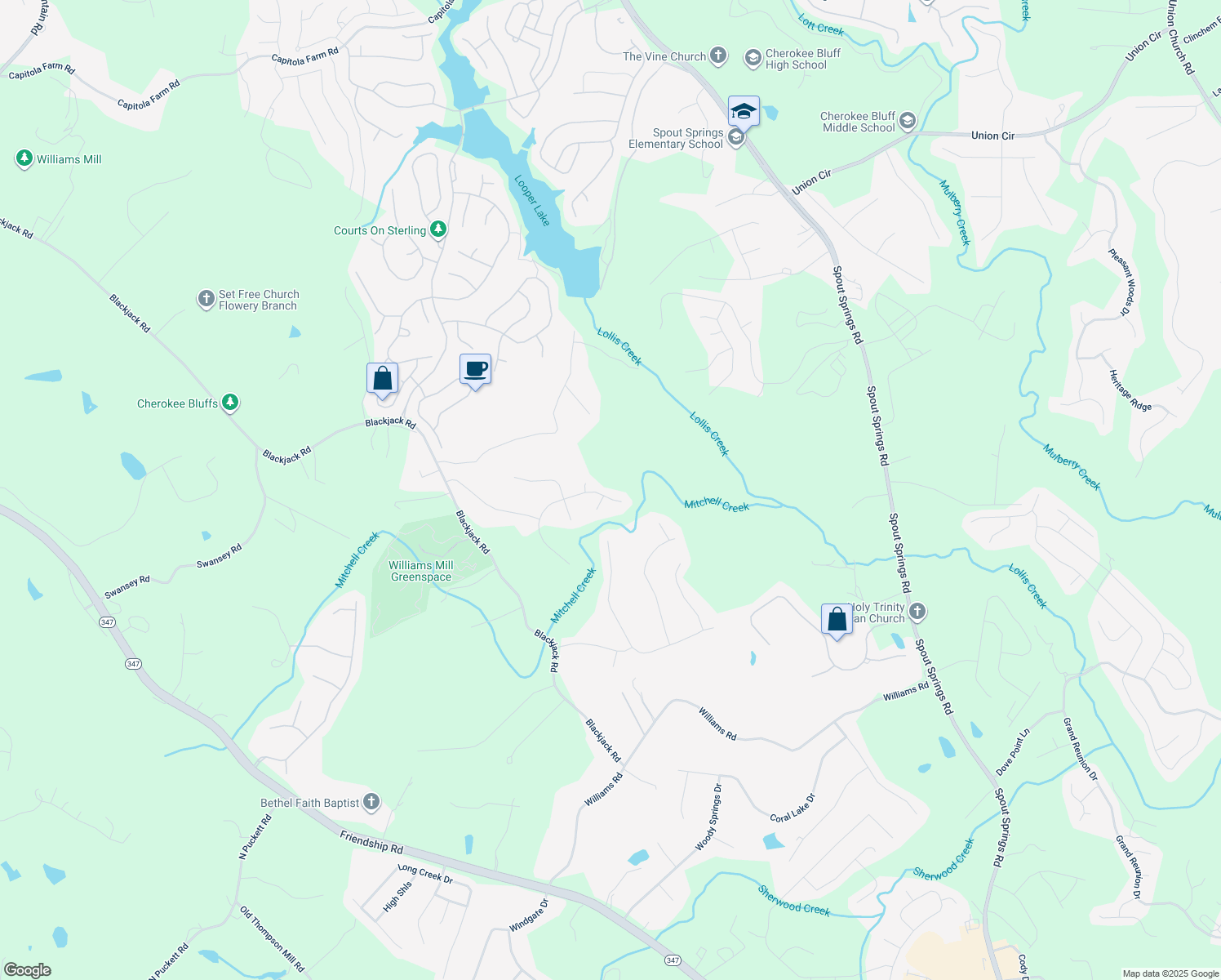 map of restaurants, bars, coffee shops, grocery stores, and more near 6331 Clearbrook Drive in Flowery Branch