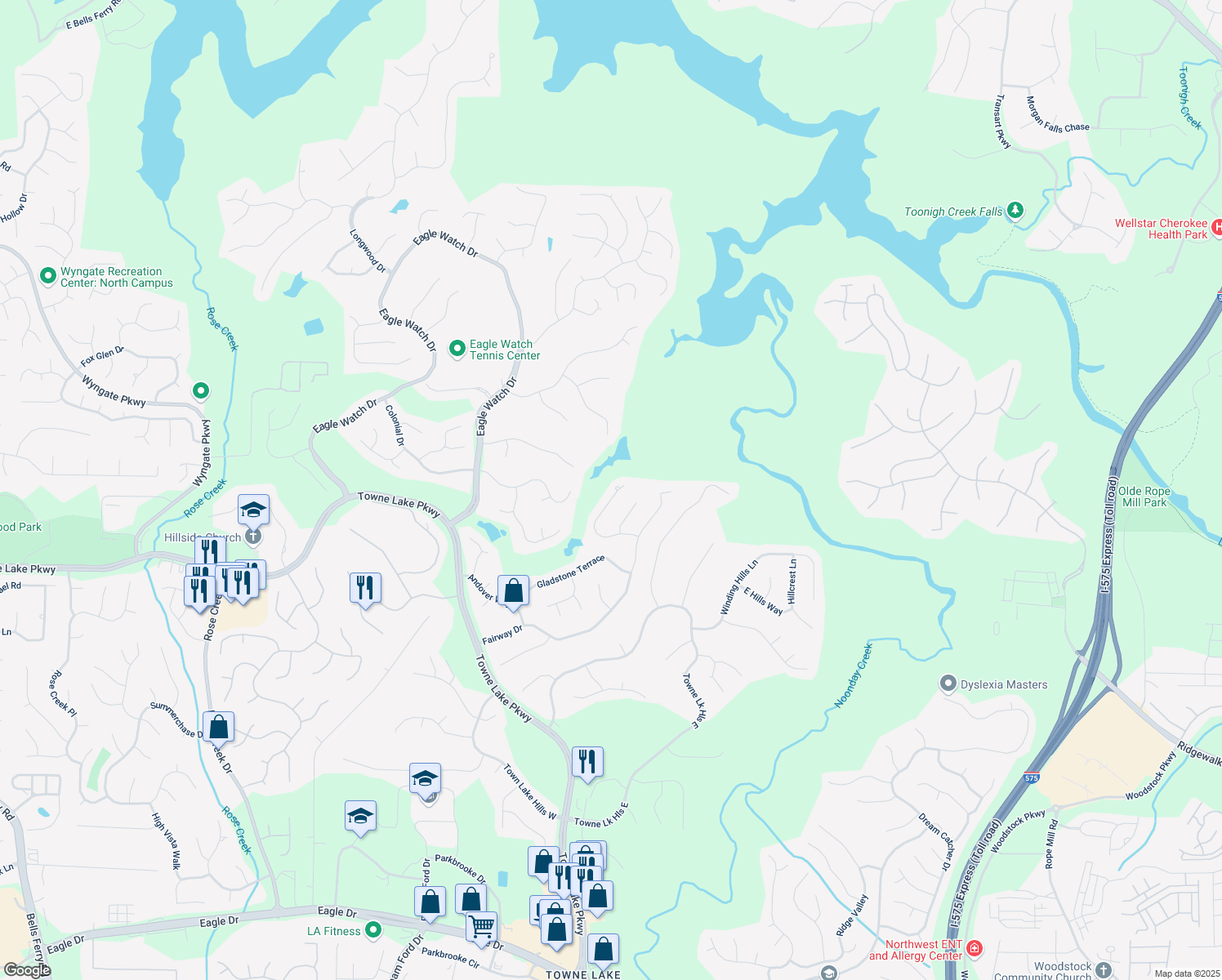 map of restaurants, bars, coffee shops, grocery stores, and more near 3531 Vintage Trail in Woodstock