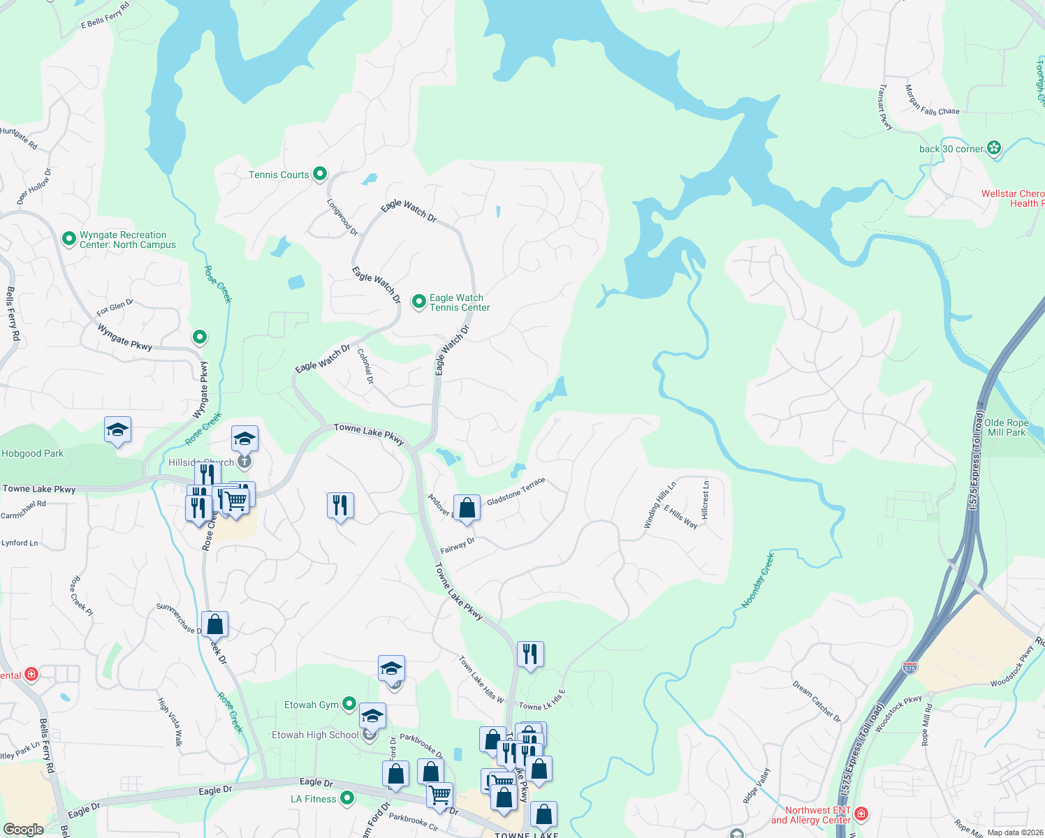 map of restaurants, bars, coffee shops, grocery stores, and more near 238 Colonial Drive in Woodstock