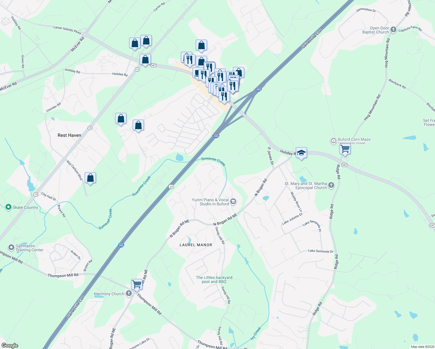 map of restaurants, bars, coffee shops, grocery stores, and more near 4800 Point Rock Drive in Buford