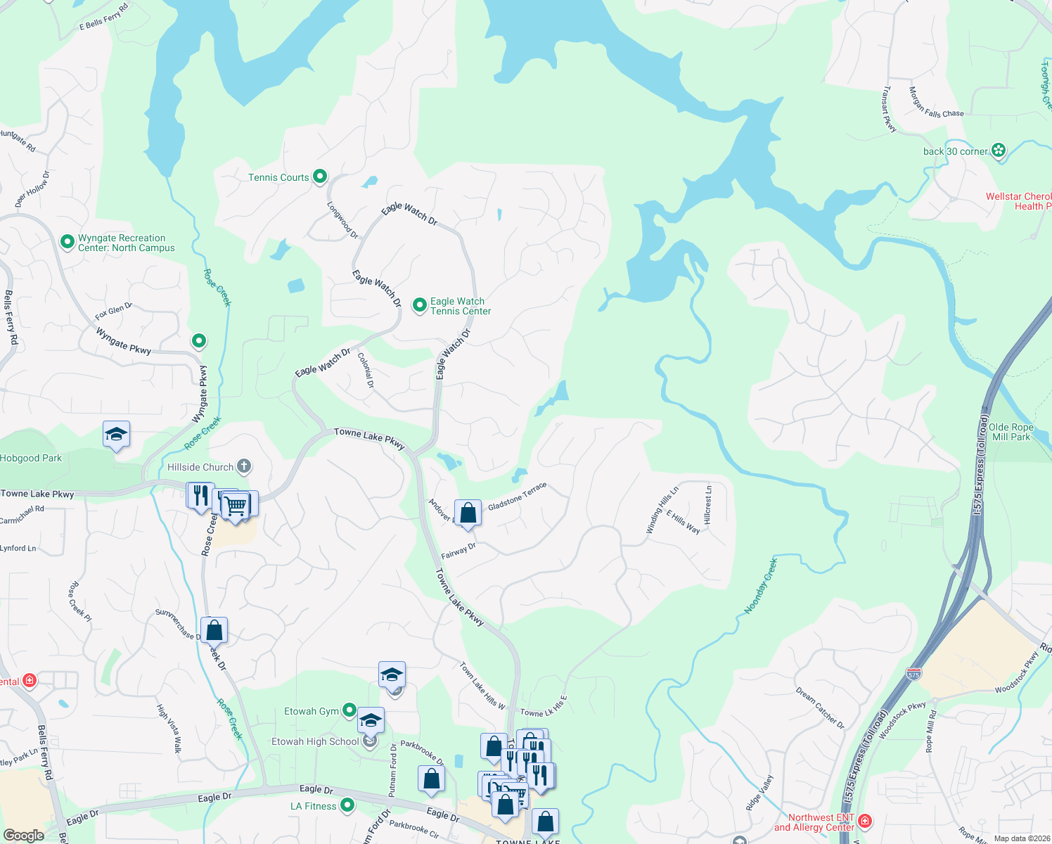 map of restaurants, bars, coffee shops, grocery stores, and more near 238 Colonial Drive in Woodstock