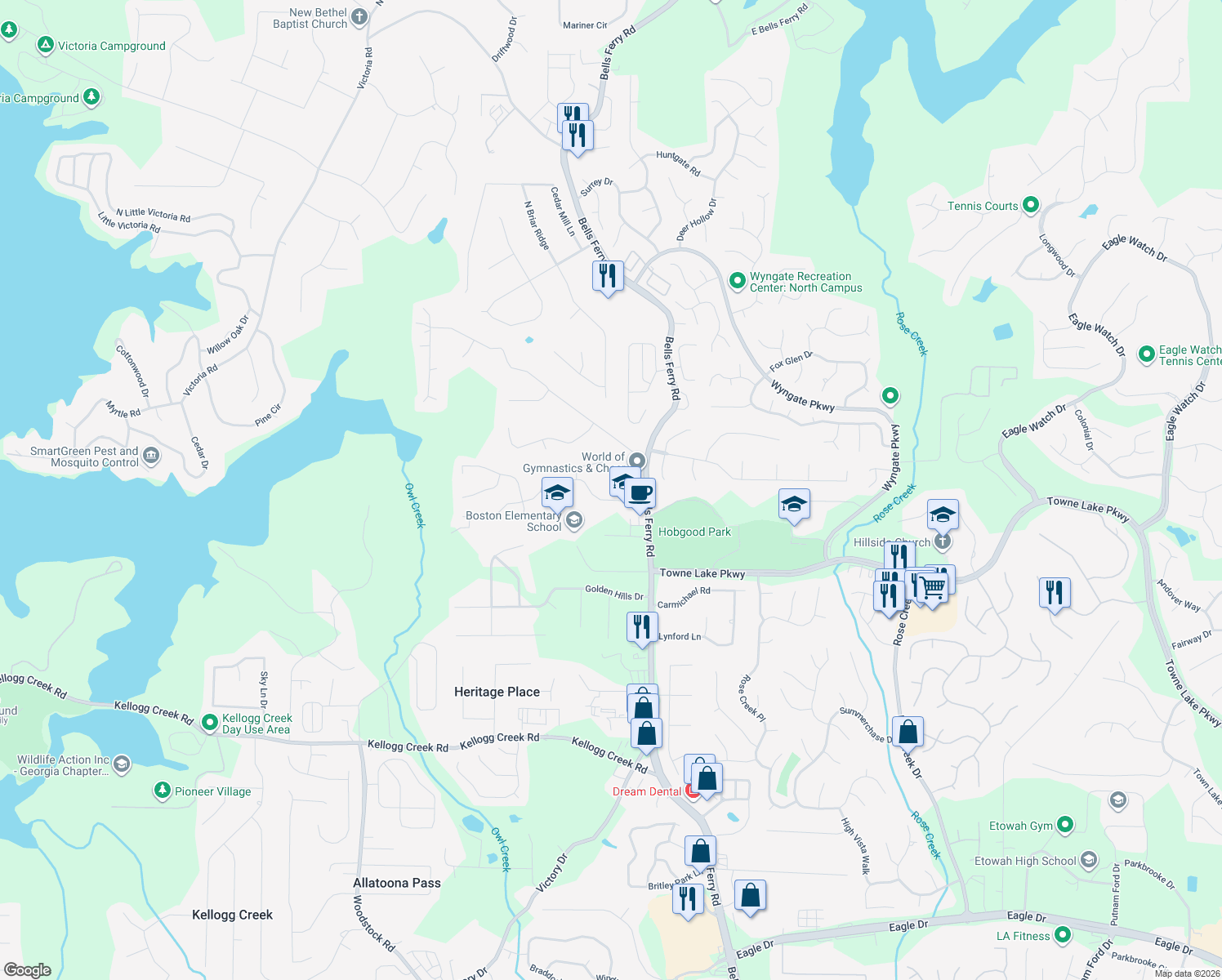 map of restaurants, bars, coffee shops, grocery stores, and more near 1000 Ashfern Walk in Woodstock