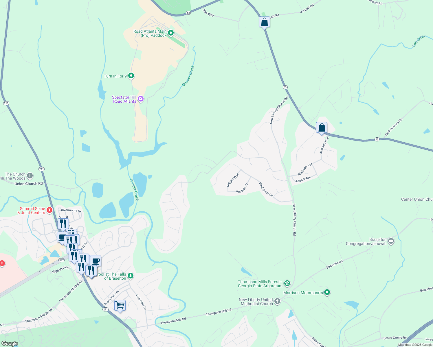 map of restaurants, bars, coffee shops, grocery stores, and more near 780 Gold Crest Road in Braselton
