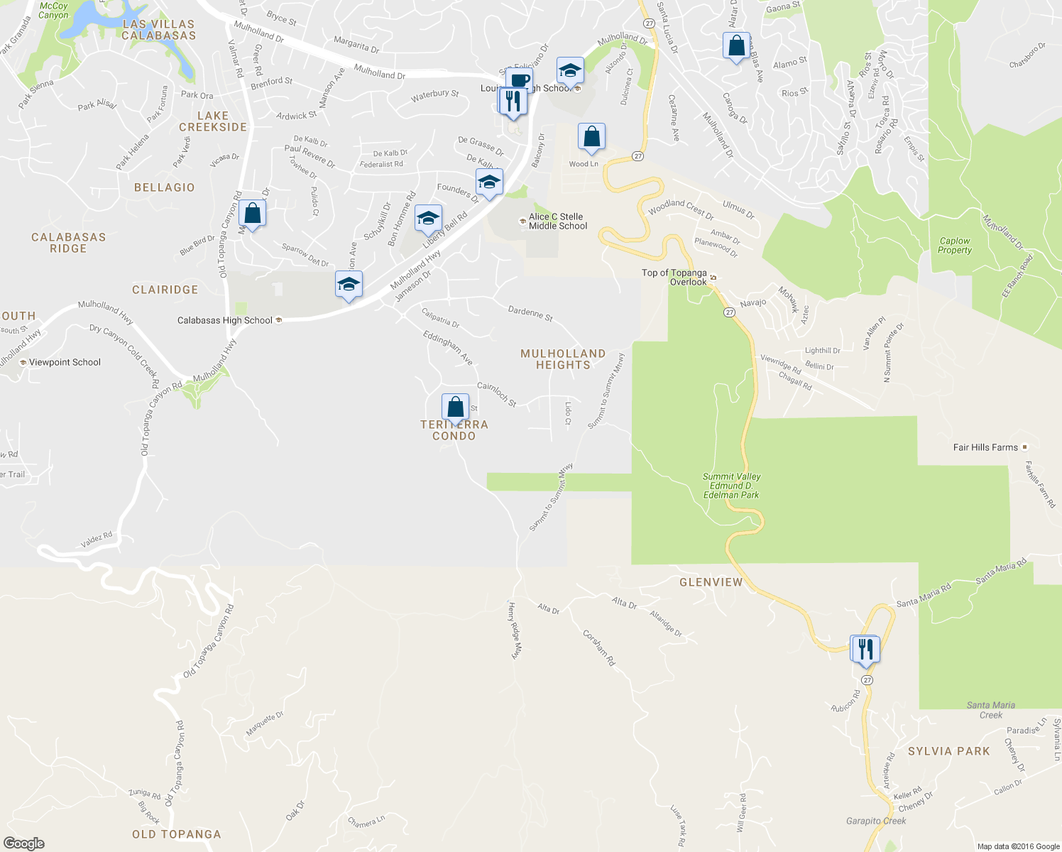 map of restaurants, bars, coffee shops, grocery stores, and more near 22233 Vía Leonardo in Calabasas