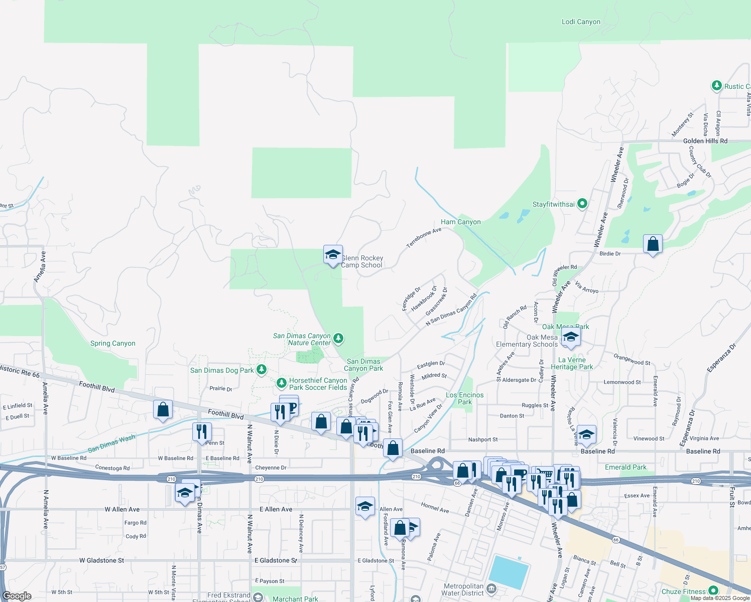 map of restaurants, bars, coffee shops, grocery stores, and more near 2457 Terrebonne Avenue in San Dimas