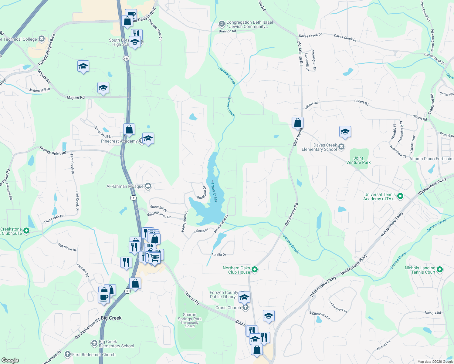 map of restaurants, bars, coffee shops, grocery stores, and more near 970 Hampreston Court in Cumming