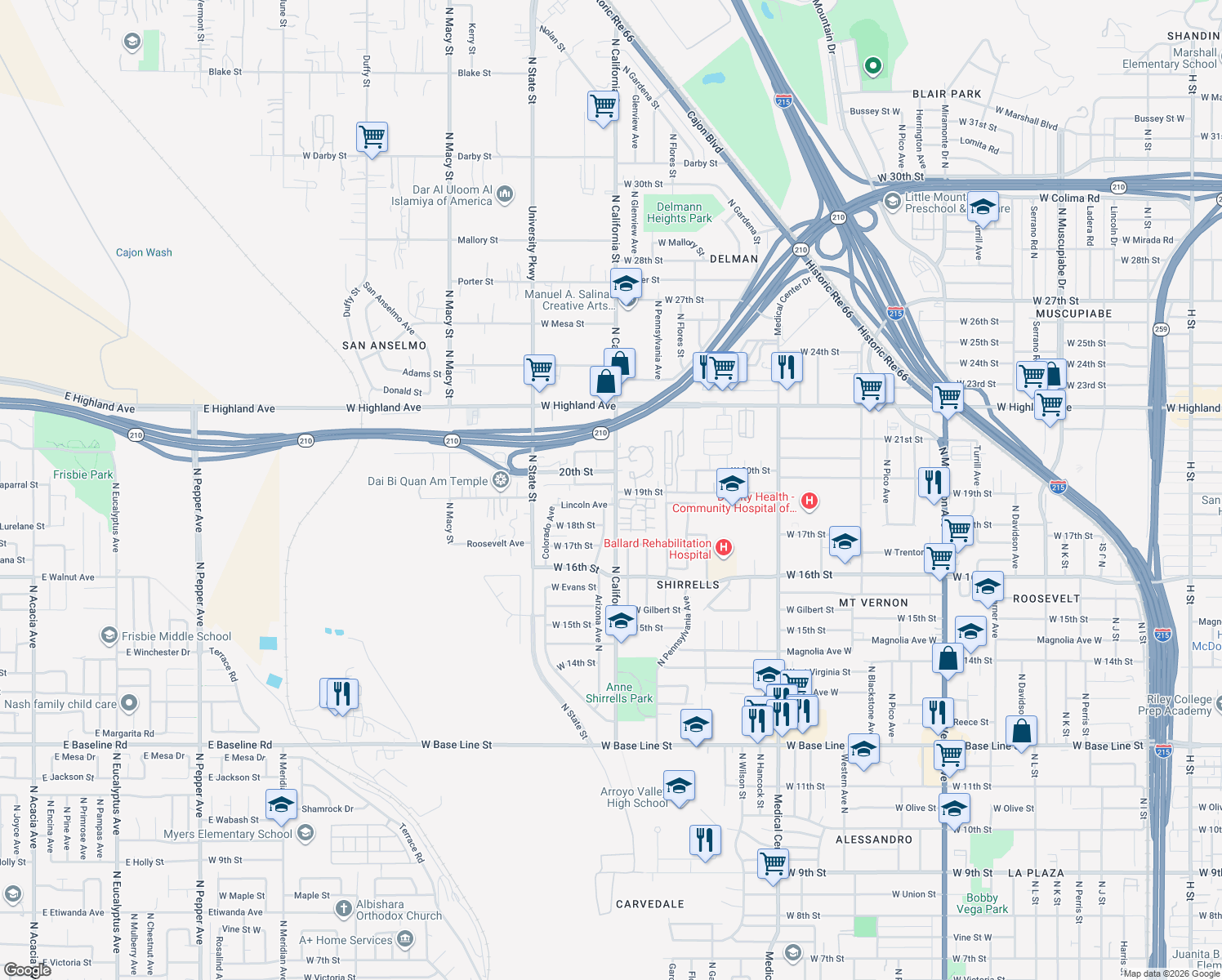 map of restaurants, bars, coffee shops, grocery stores, and more near 1903 West 19th Street in San Bernardino