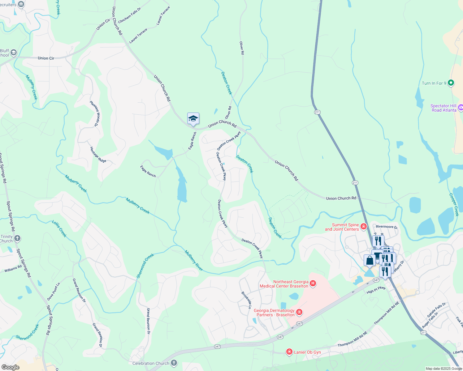 map of restaurants, bars, coffee shops, grocery stores, and more near Fawn Meadow Lane in Hoschton