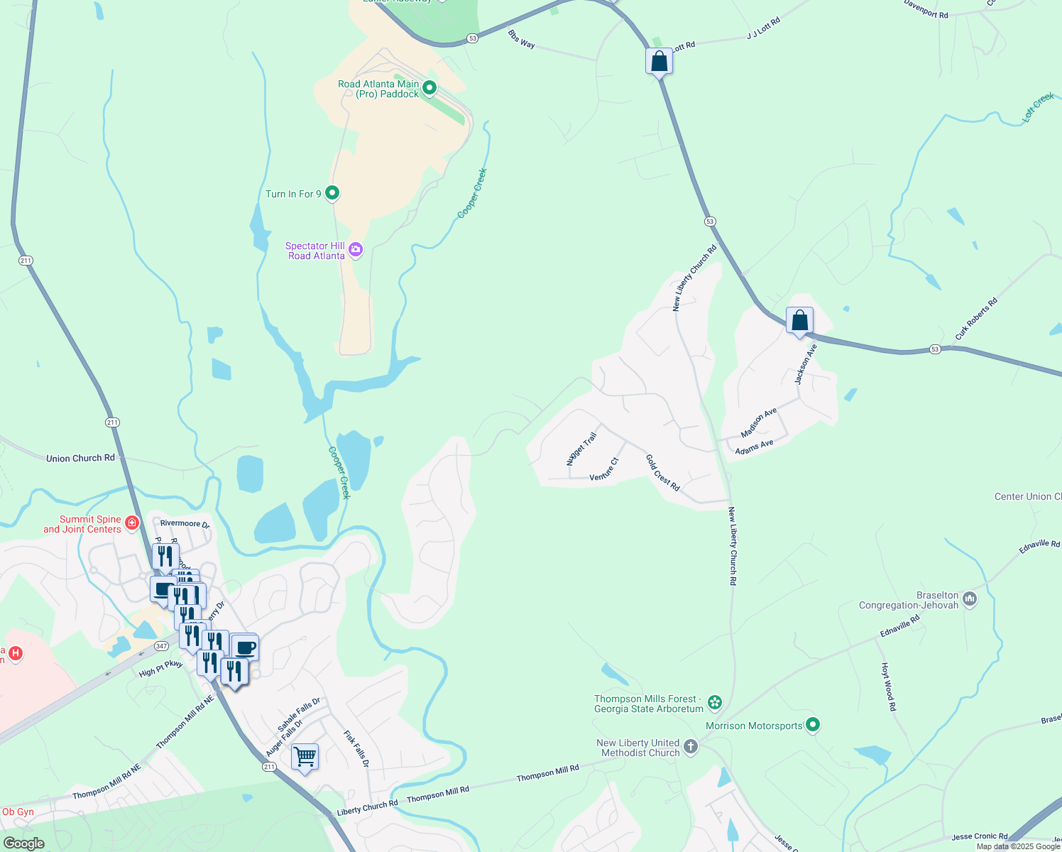 map of restaurants, bars, coffee shops, grocery stores, and more near 1499 Liberty Park Drive in Braselton