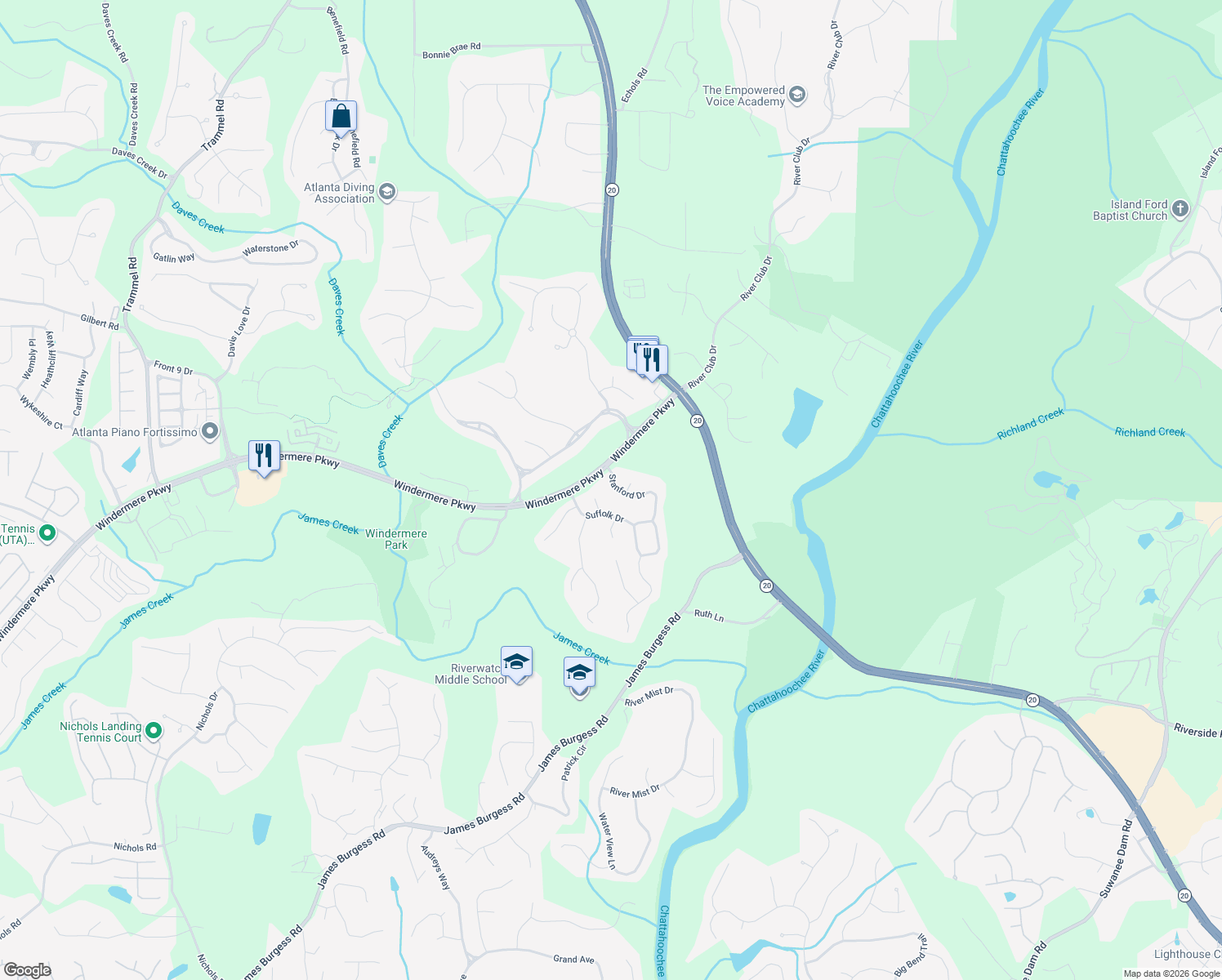 map of restaurants, bars, coffee shops, grocery stores, and more near 3925 Stanford Drive in Cumming