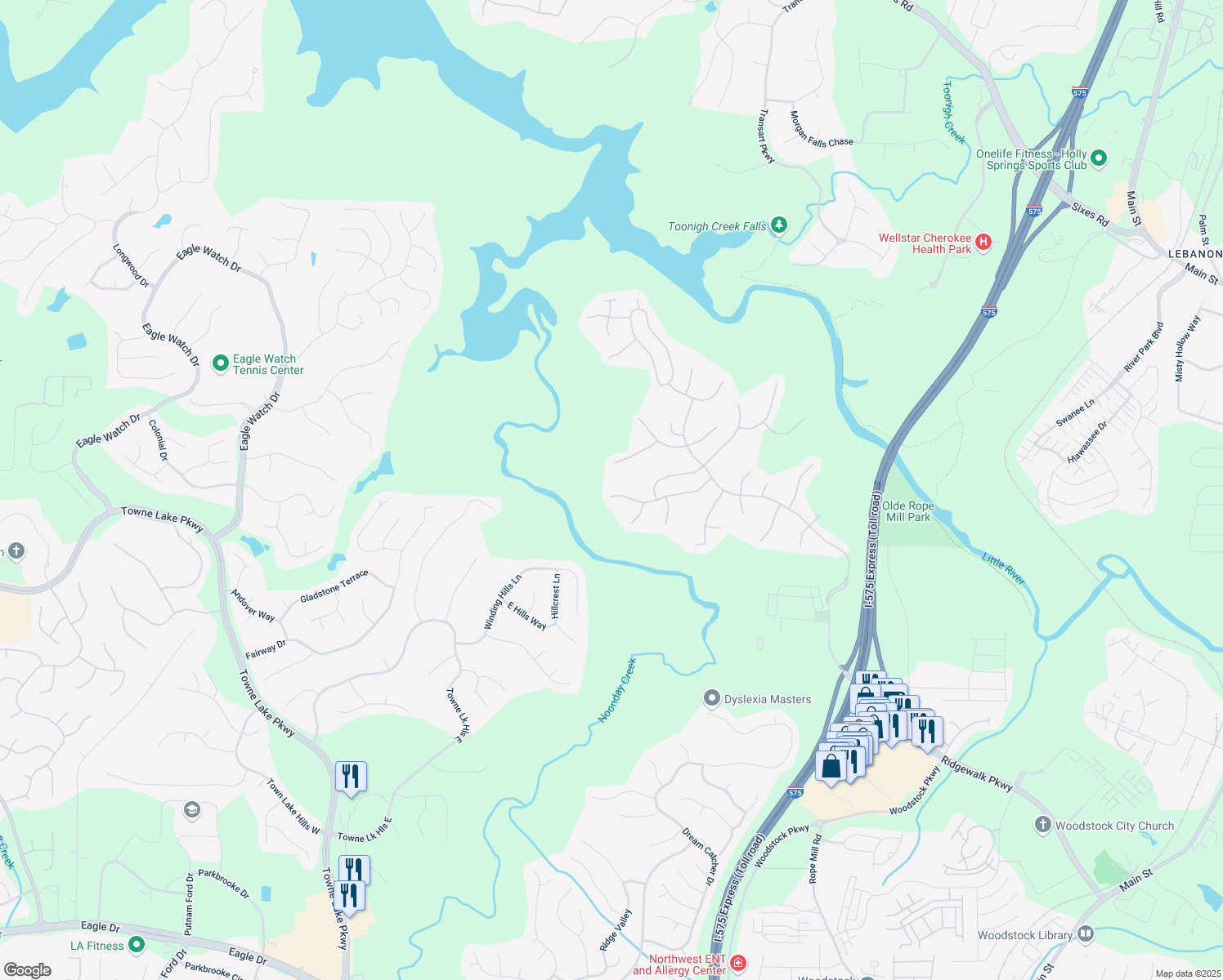 map of restaurants, bars, coffee shops, grocery stores, and more near 944 Santa Anita Drive in Woodstock