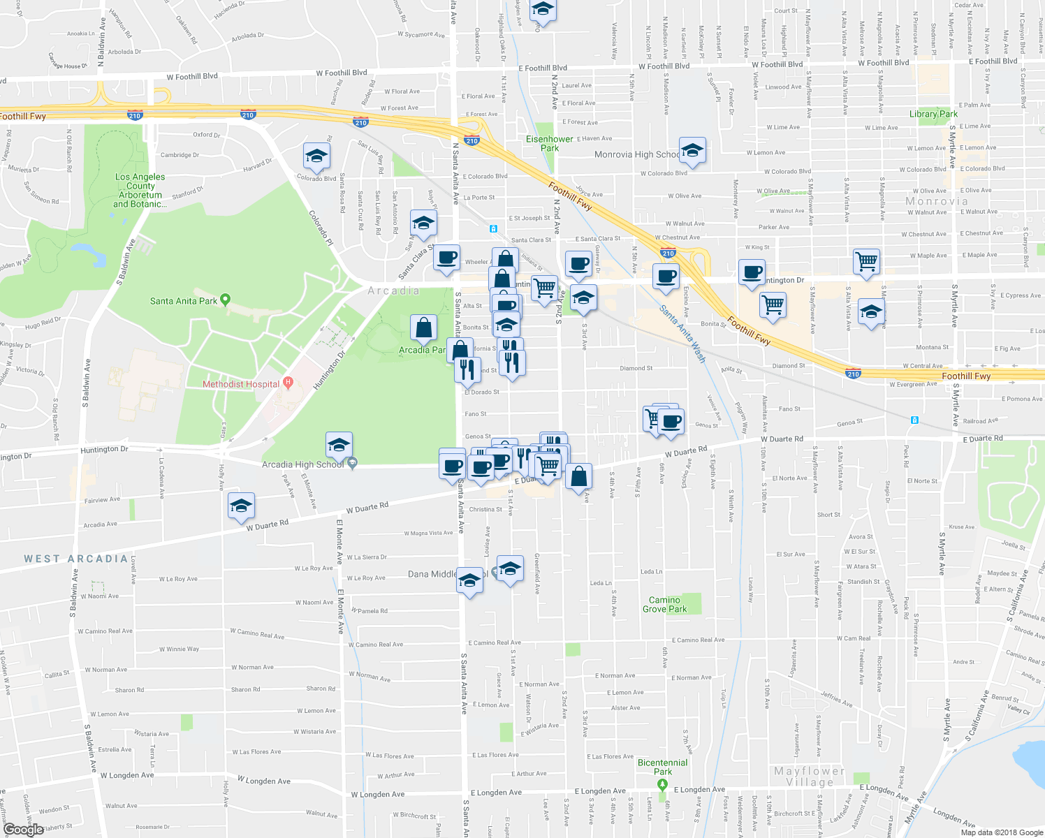 map of restaurants, bars, coffee shops, grocery stores, and more near 118 Fano Street in Arcadia