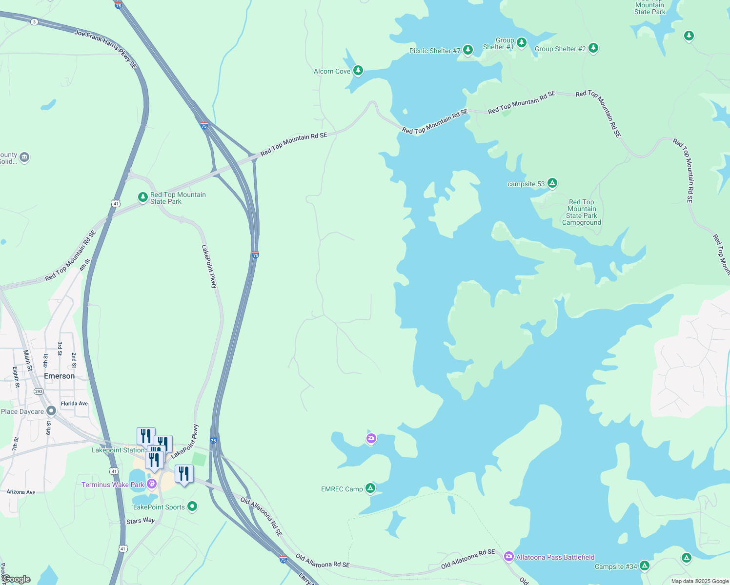 map of restaurants, bars, coffee shops, grocery stores, and more near 21 Edgewater Drive Southeast in Cartersville
