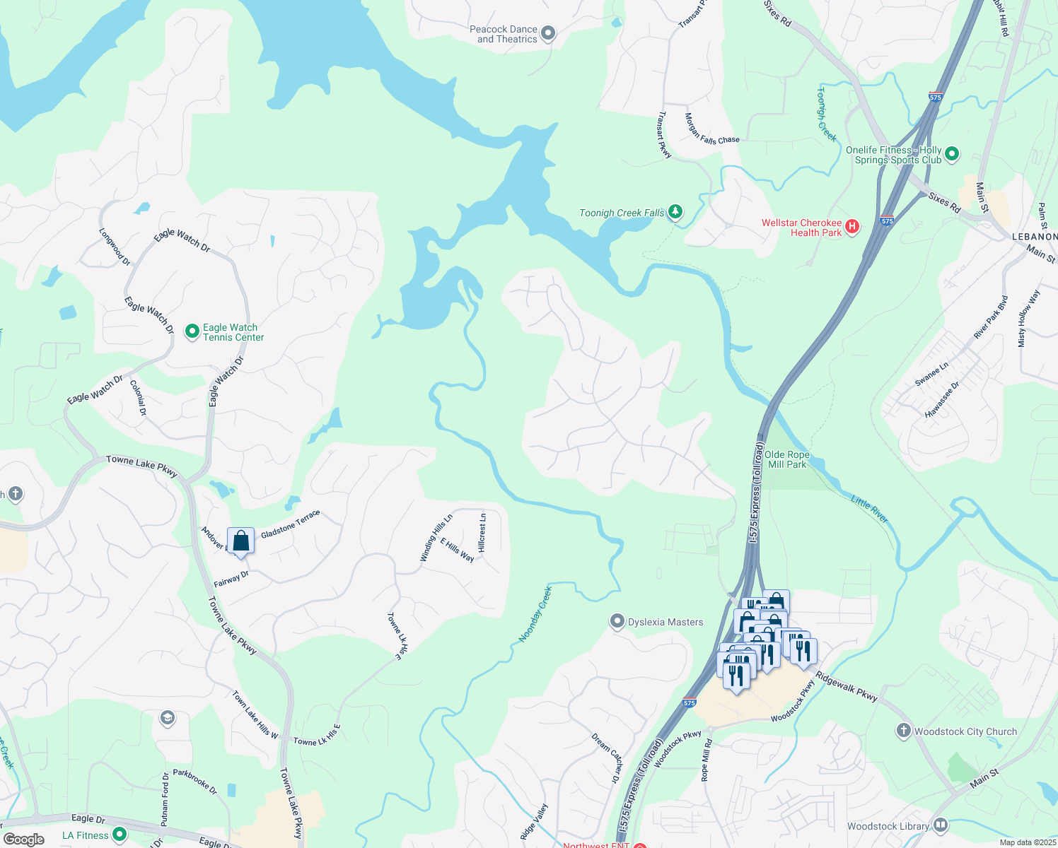 map of restaurants, bars, coffee shops, grocery stores, and more near 622 Keeneland Terrace in Woodstock