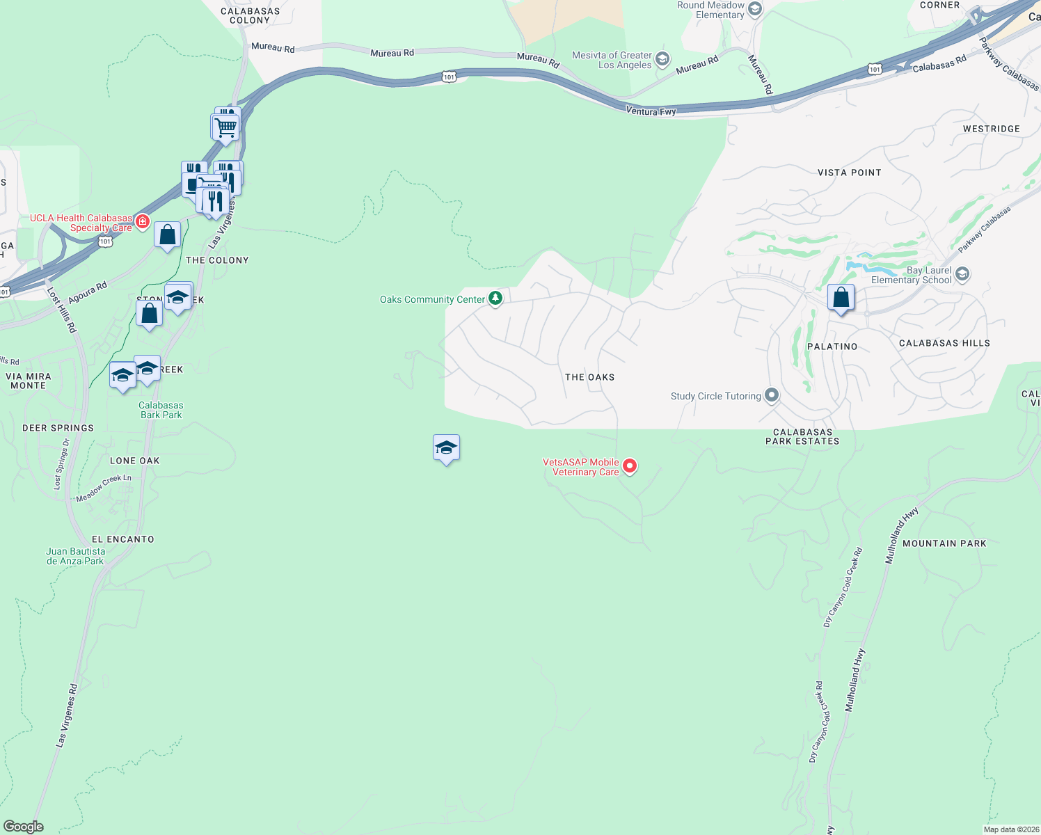 map of restaurants, bars, coffee shops, grocery stores, and more near 25430 Prado De Azul in Calabasas