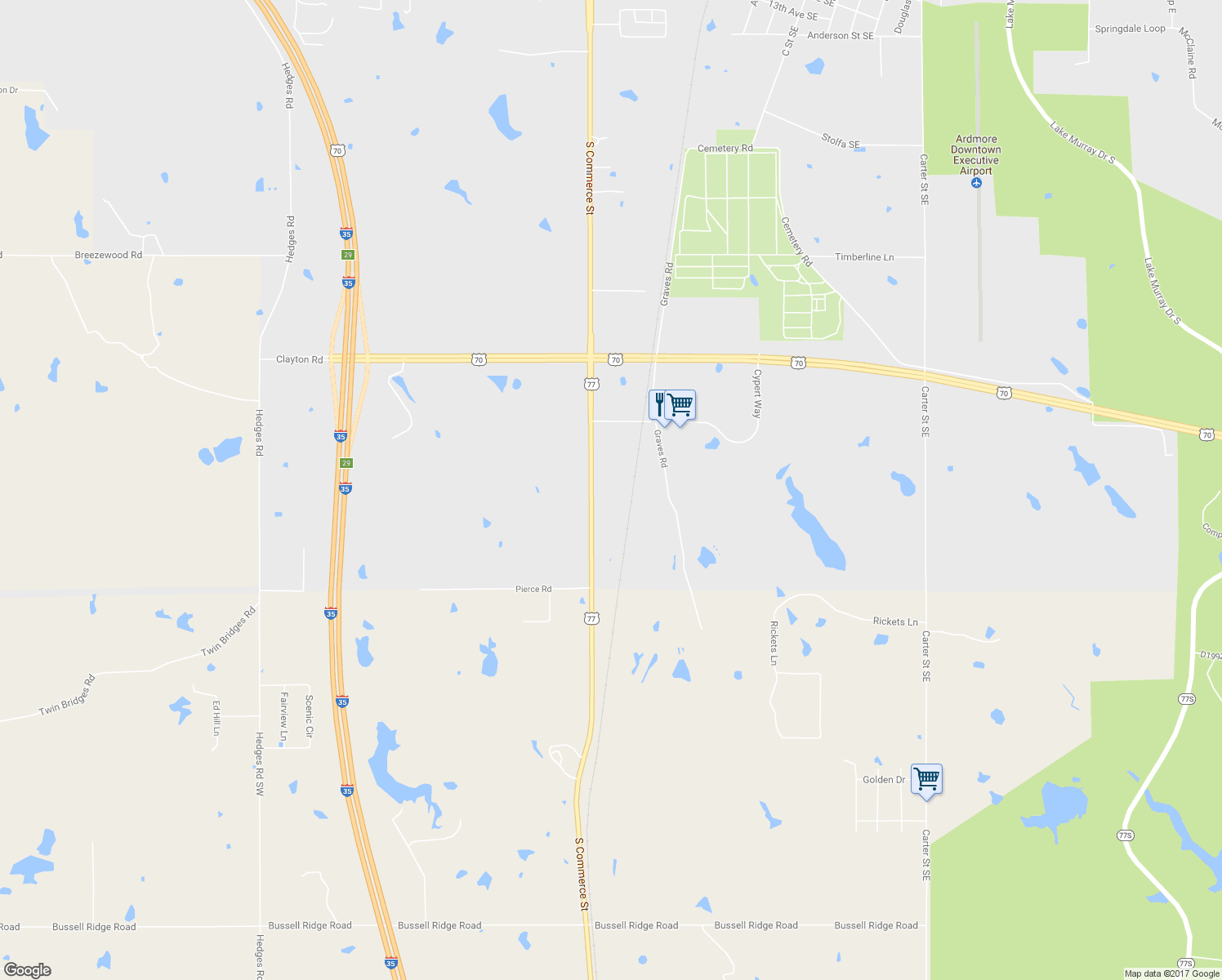 map of restaurants, bars, coffee shops, grocery stores, and more near 3336 South Commerce Street in Ardmore