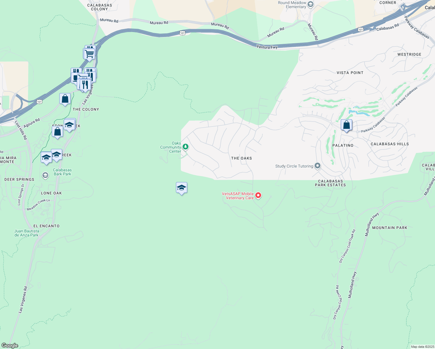 map of restaurants, bars, coffee shops, grocery stores, and more near 25431 Prado De Las Fresas in Calabasas