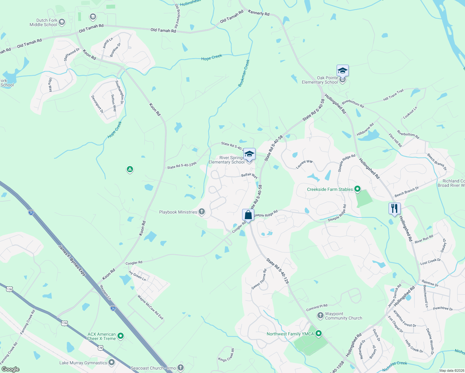map of restaurants, bars, coffee shops, grocery stores, and more near 10 Alverston Ct in Irmo
