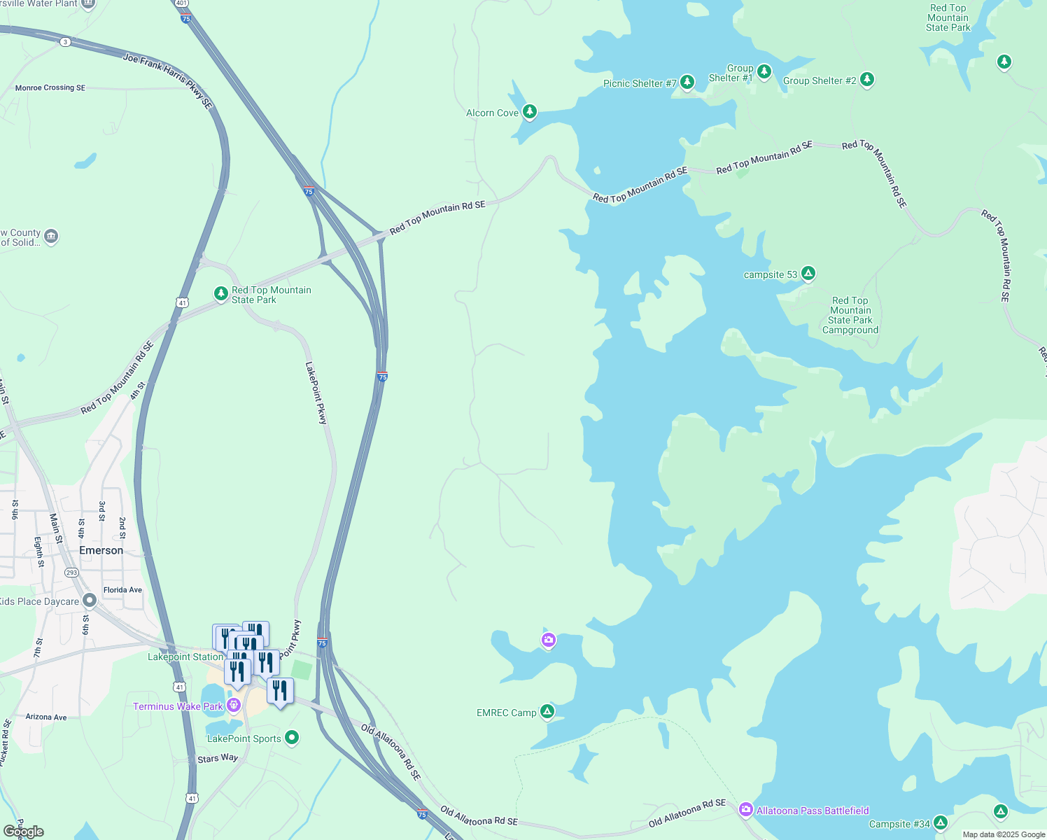 map of restaurants, bars, coffee shops, grocery stores, and more near 21 Edgewater Drive Southeast in Cartersville