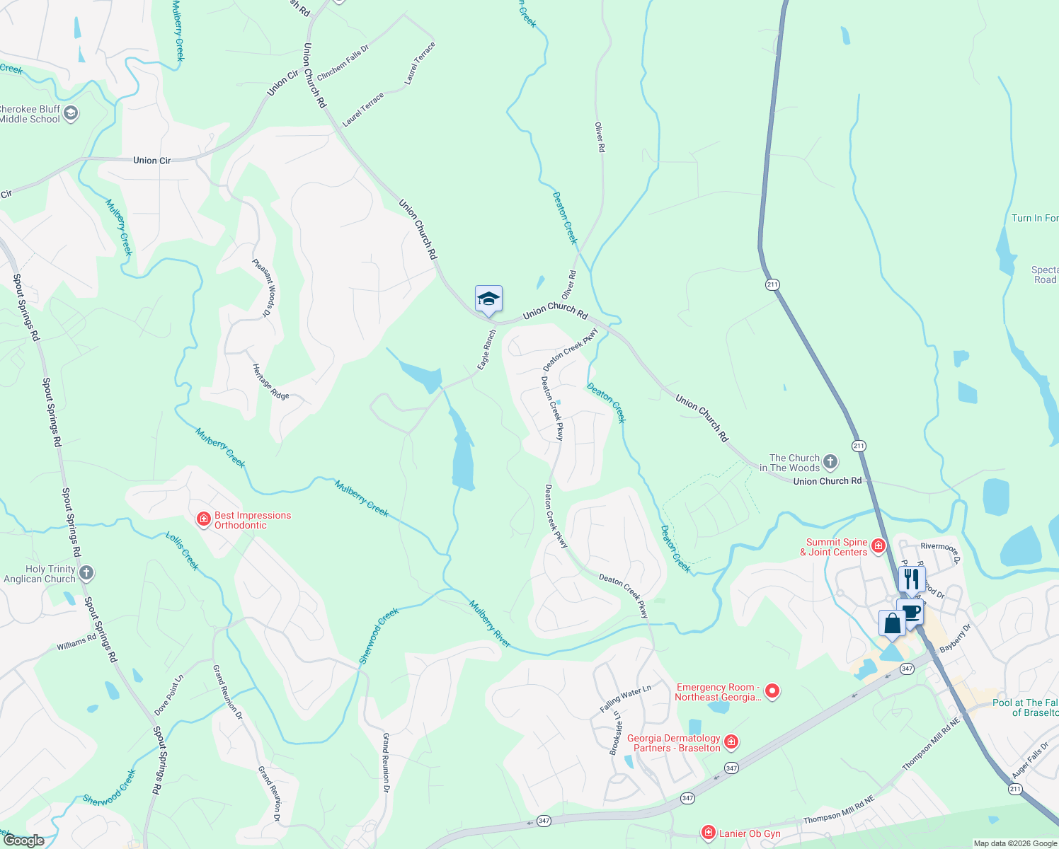 map of restaurants, bars, coffee shops, grocery stores, and more near 6551 Autumn Ridge Way in Hoschton