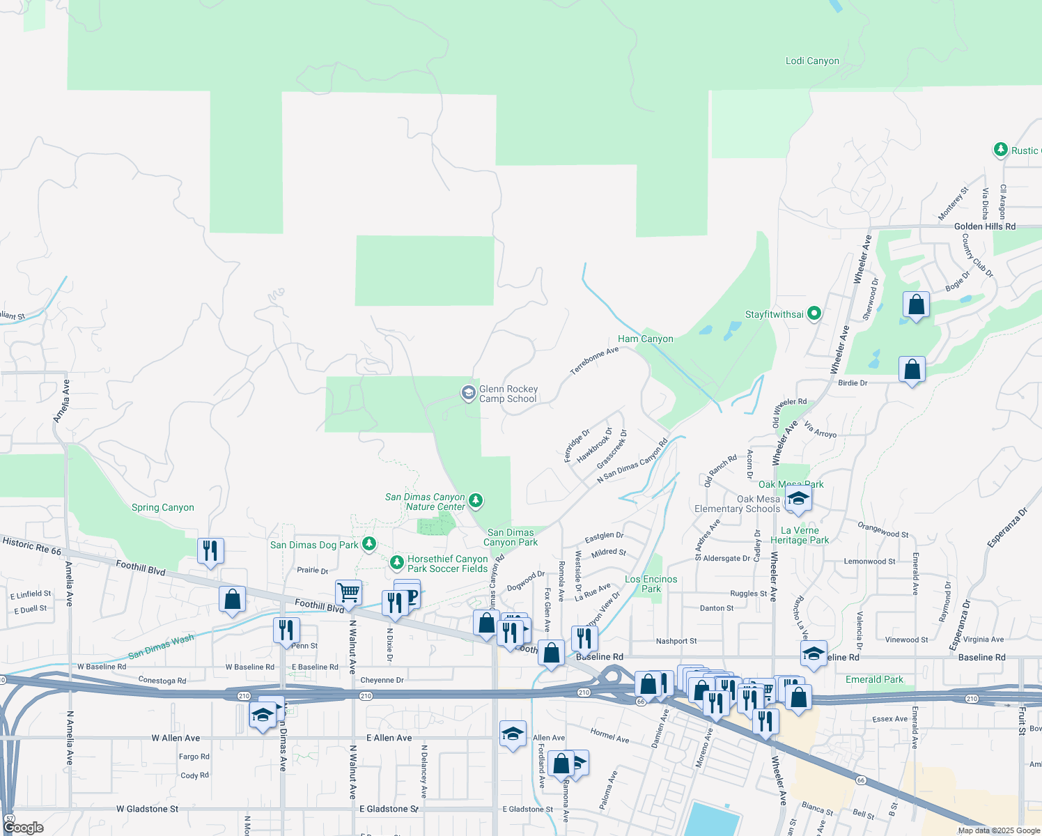 map of restaurants, bars, coffee shops, grocery stores, and more near 2457 Terrebonne Avenue in San Dimas