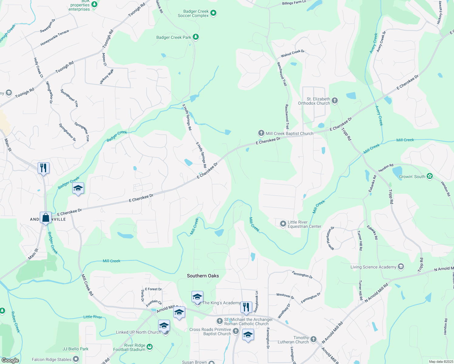 map of restaurants, bars, coffee shops, grocery stores, and more near 198 Brookstone Trce in Woodstock