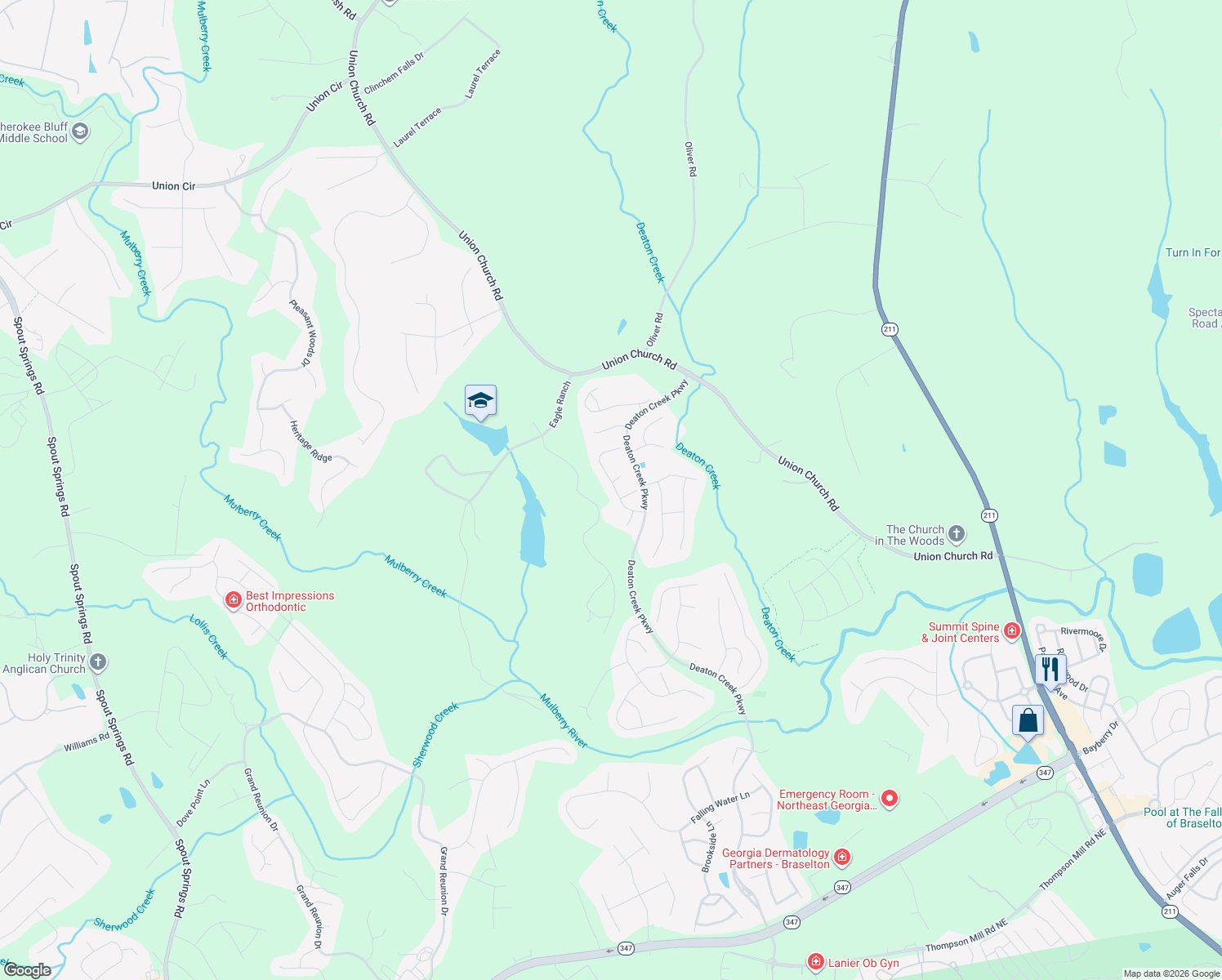 map of restaurants, bars, coffee shops, grocery stores, and more near 6551 Autumn Ridge Way in Hoschton