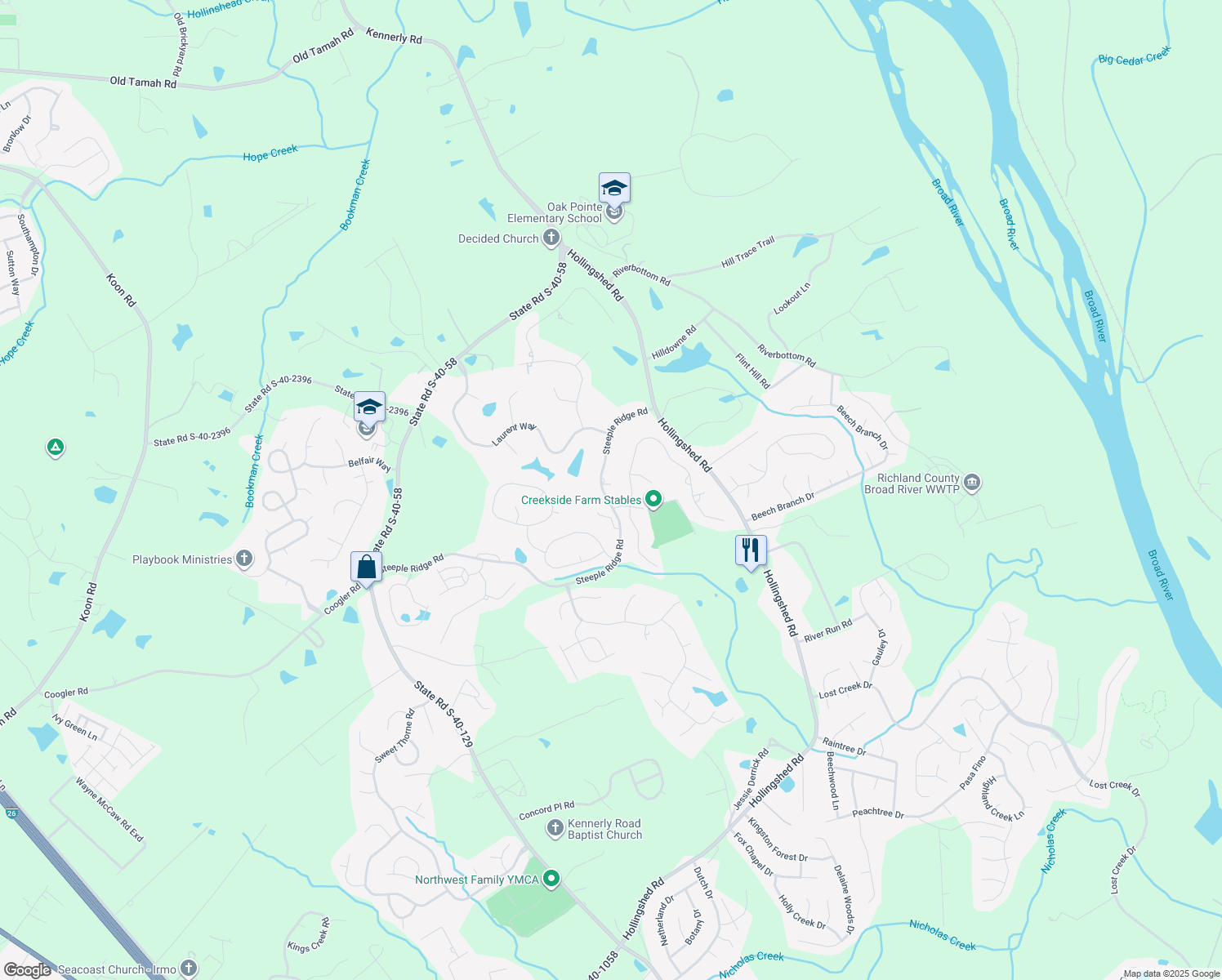 map of restaurants, bars, coffee shops, grocery stores, and more near 1021 Steeple Ridge Road in Irmo