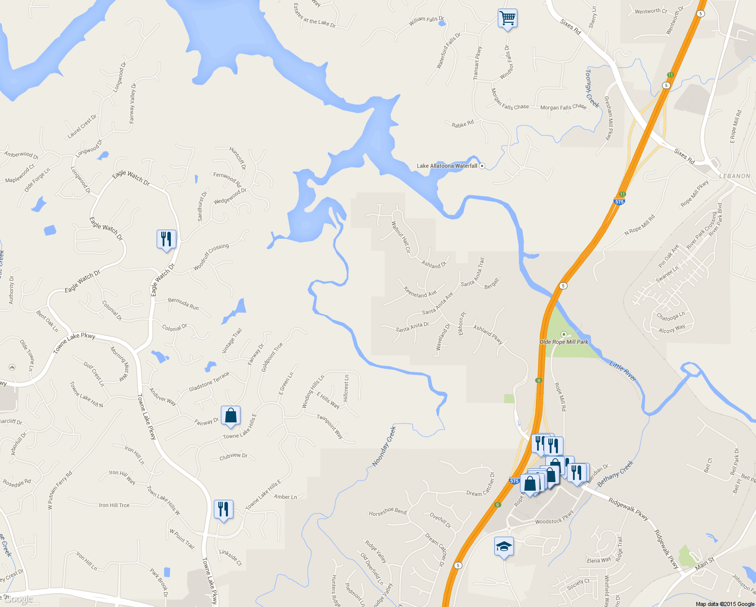 map of restaurants, bars, coffee shops, grocery stores, and more near 622 Keeneland Terrace in Woodstock