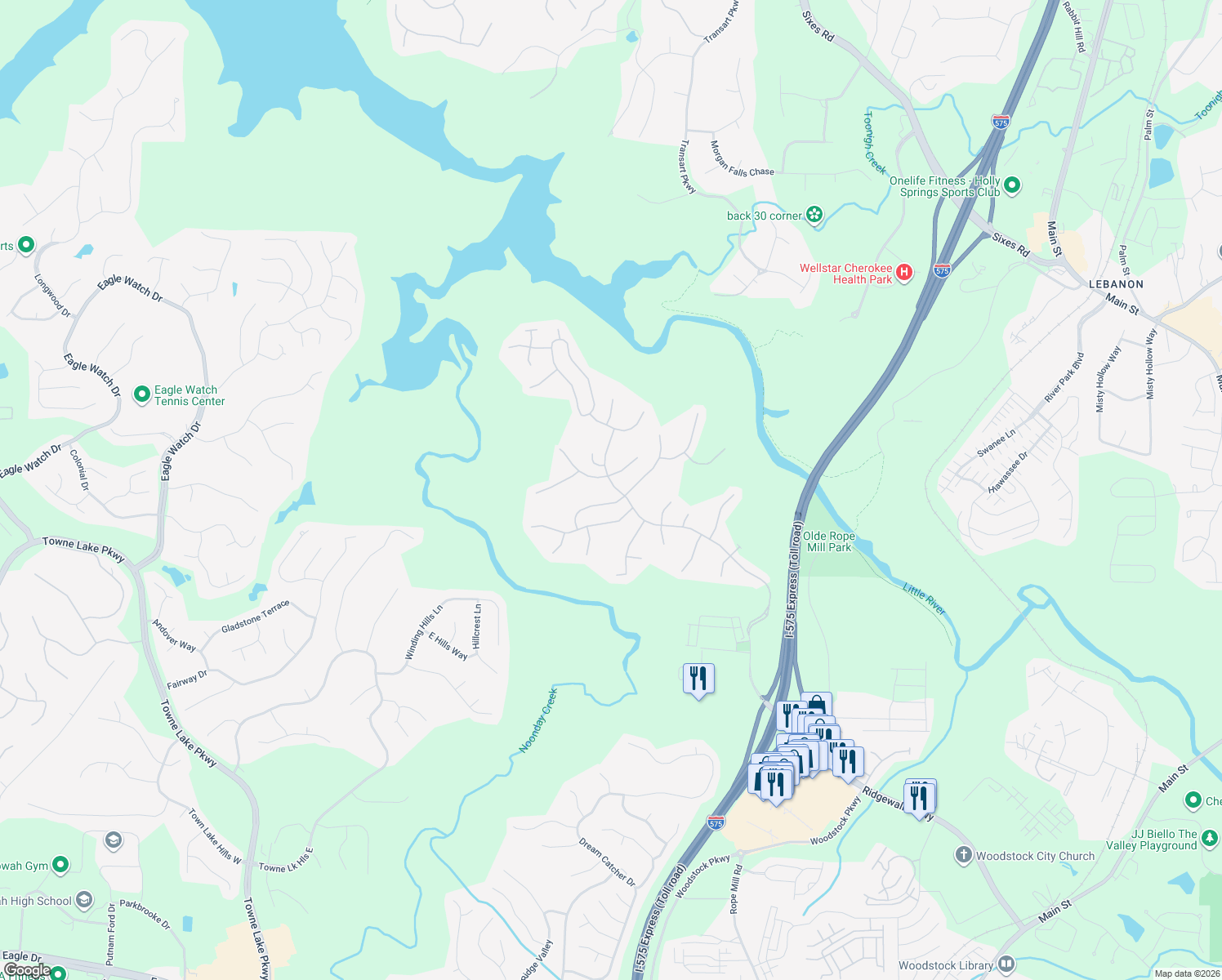 map of restaurants, bars, coffee shops, grocery stores, and more near 559 Ashland Parkway in Woodstock
