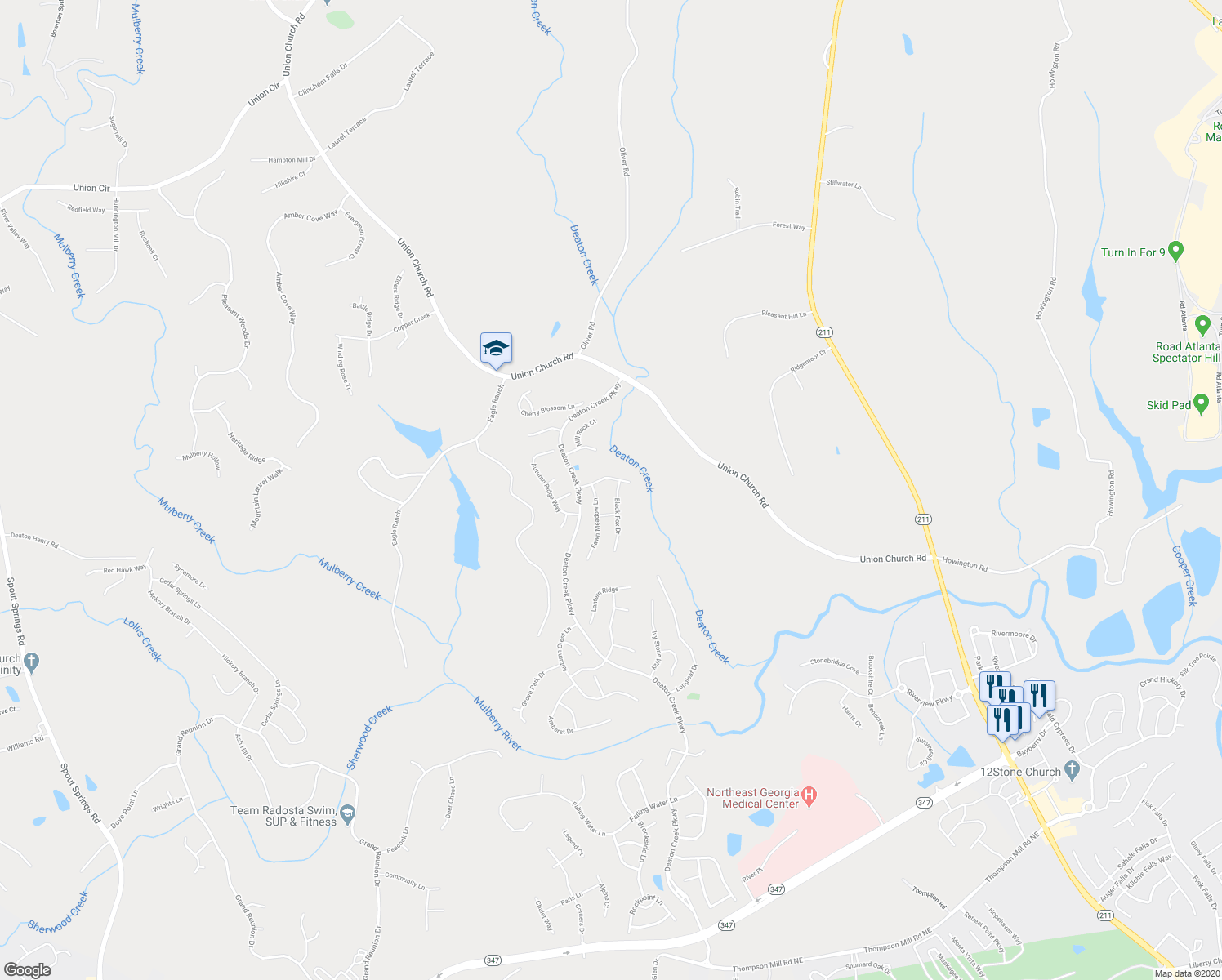 map of restaurants, bars, coffee shops, grocery stores, and more near 6708 Black Fox Drive in Hoschton