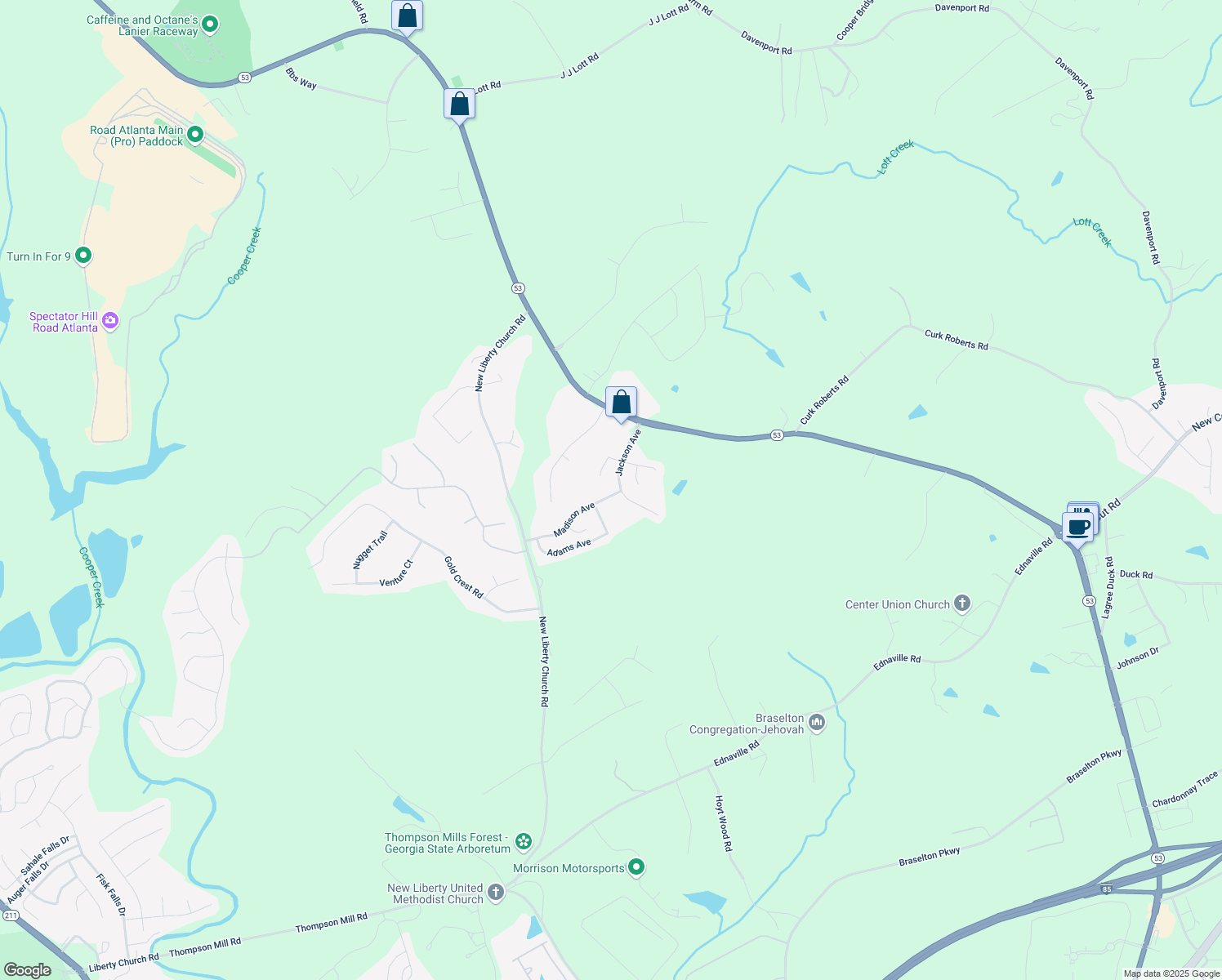 map of restaurants, bars, coffee shops, grocery stores, and more near 916 Madison Avenue in Braselton