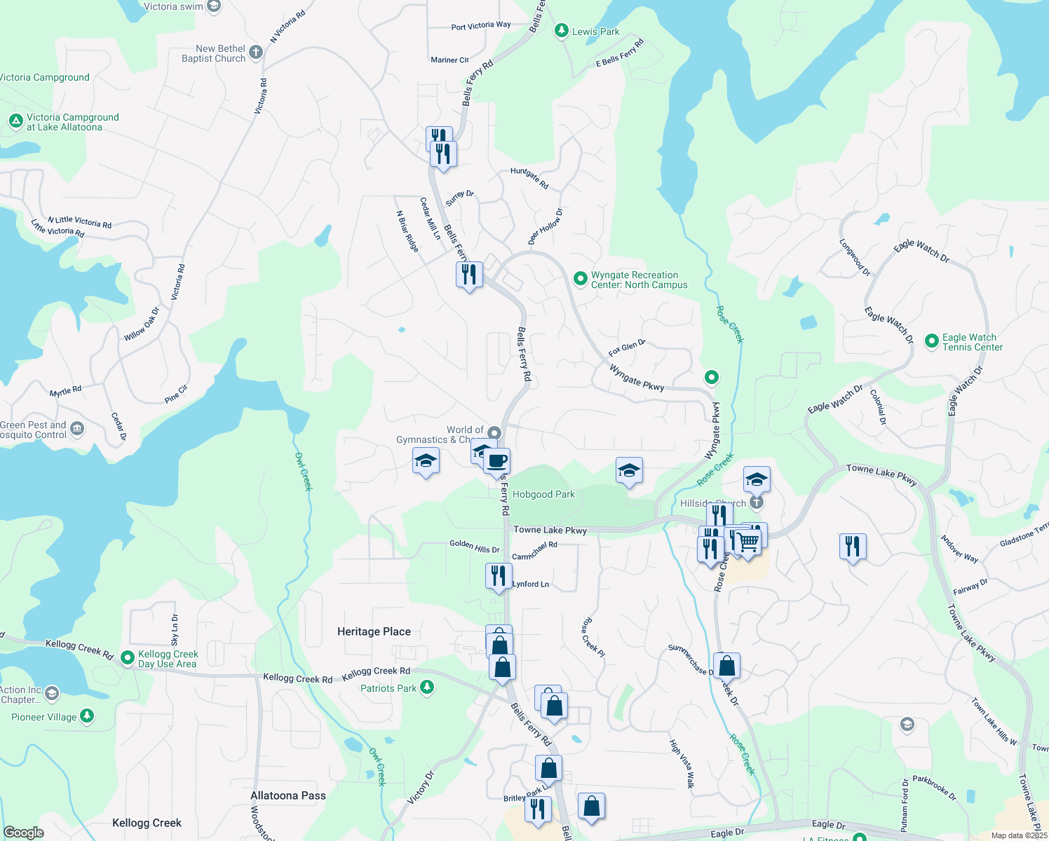 map of restaurants, bars, coffee shops, grocery stores, and more near 619 Victoria Lane in Woodstock
