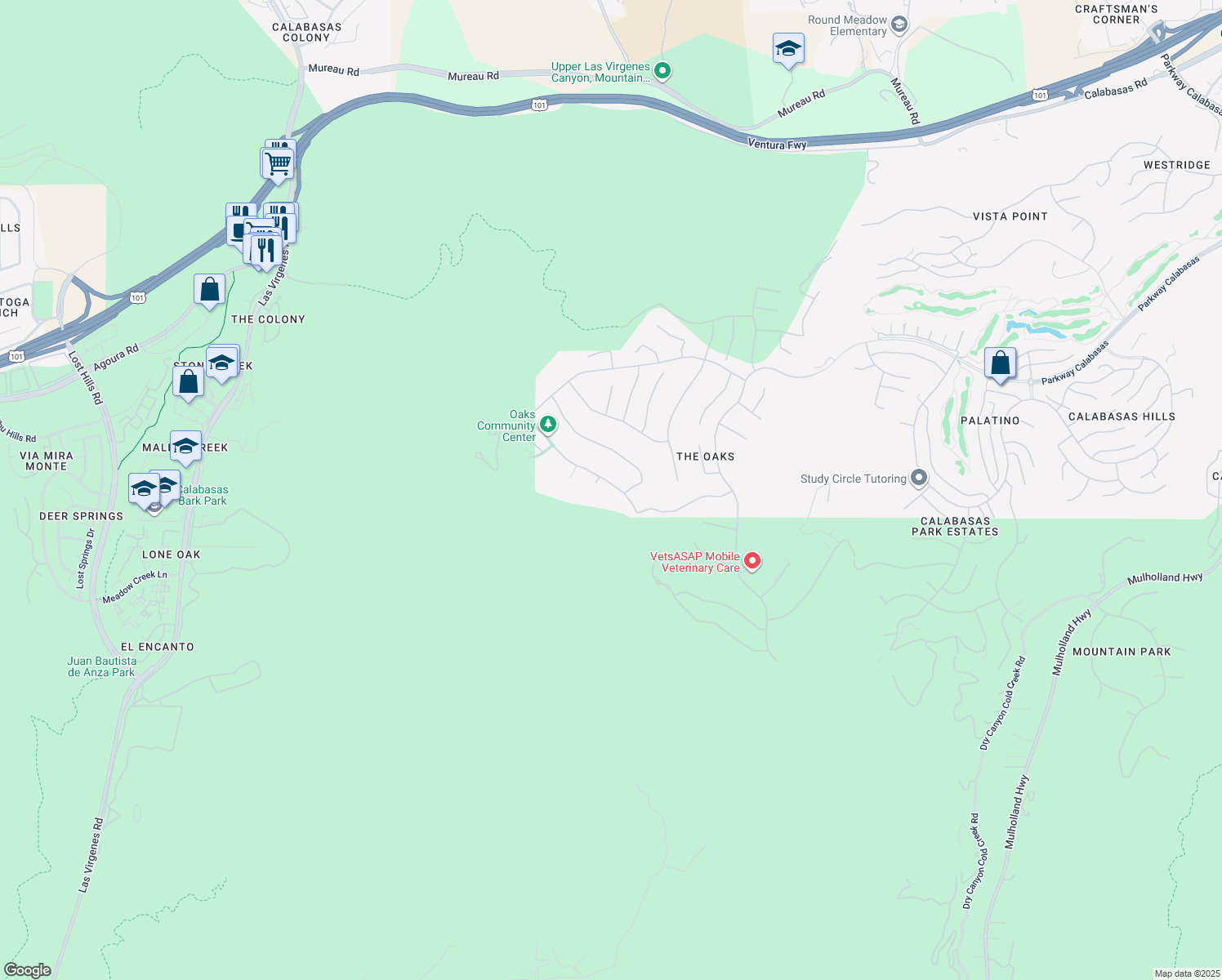 map of restaurants, bars, coffee shops, grocery stores, and more near 25460 Prado De Azul in Calabasas