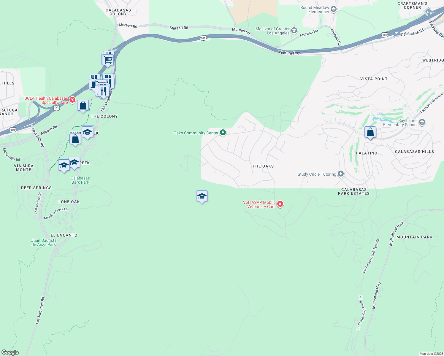 map of restaurants, bars, coffee shops, grocery stores, and more near 3781 Prado de Fucsia in Calabasas
