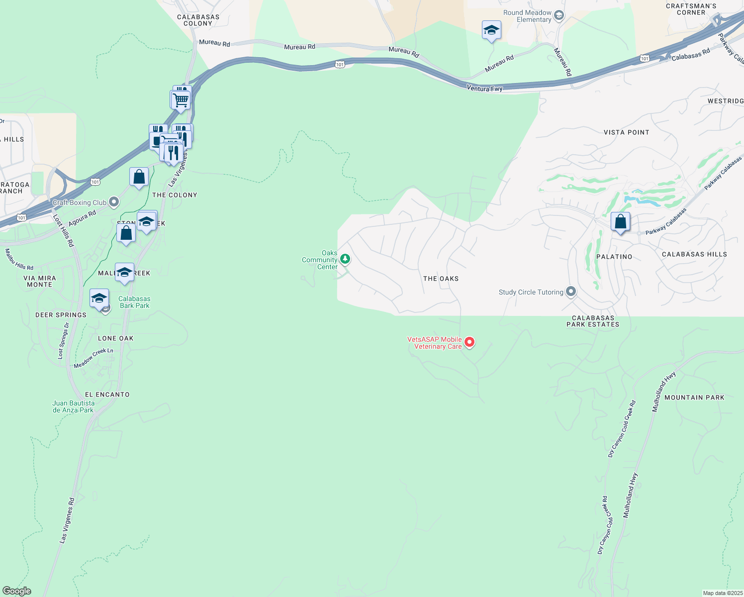 map of restaurants, bars, coffee shops, grocery stores, and more near 3781 Prado de Fucsia in Calabasas