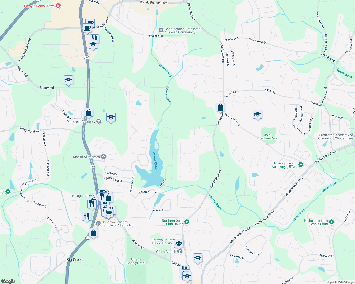 map of restaurants, bars, coffee shops, grocery stores, and more near 2340 Bexford View in Cumming
