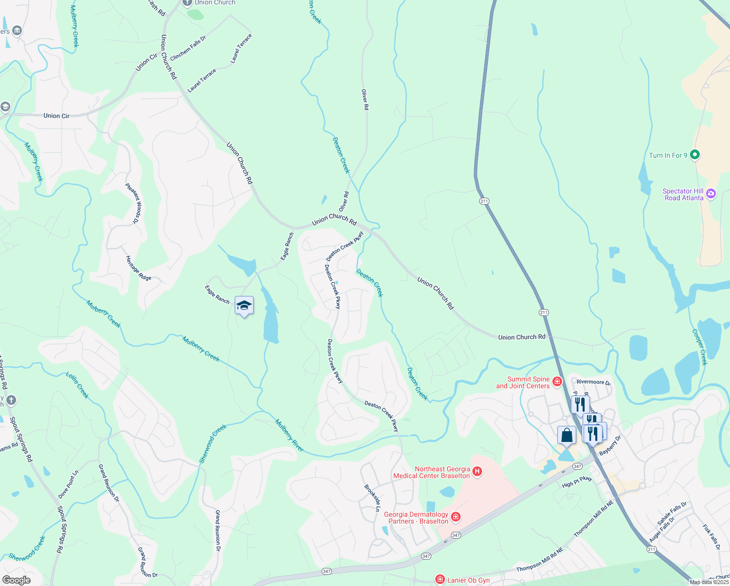 map of restaurants, bars, coffee shops, grocery stores, and more near 6708 Black Fox Drive in Hoschton