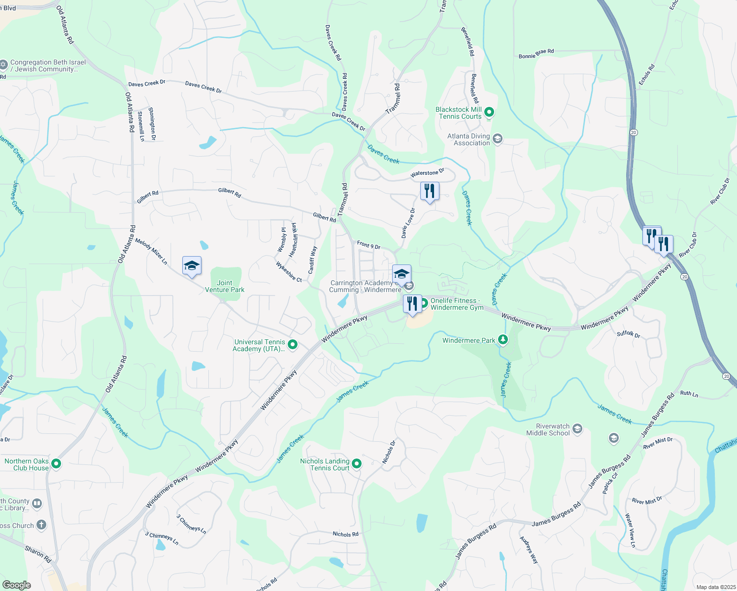 map of restaurants, bars, coffee shops, grocery stores, and more near 6355 Marlow Drive in Cumming