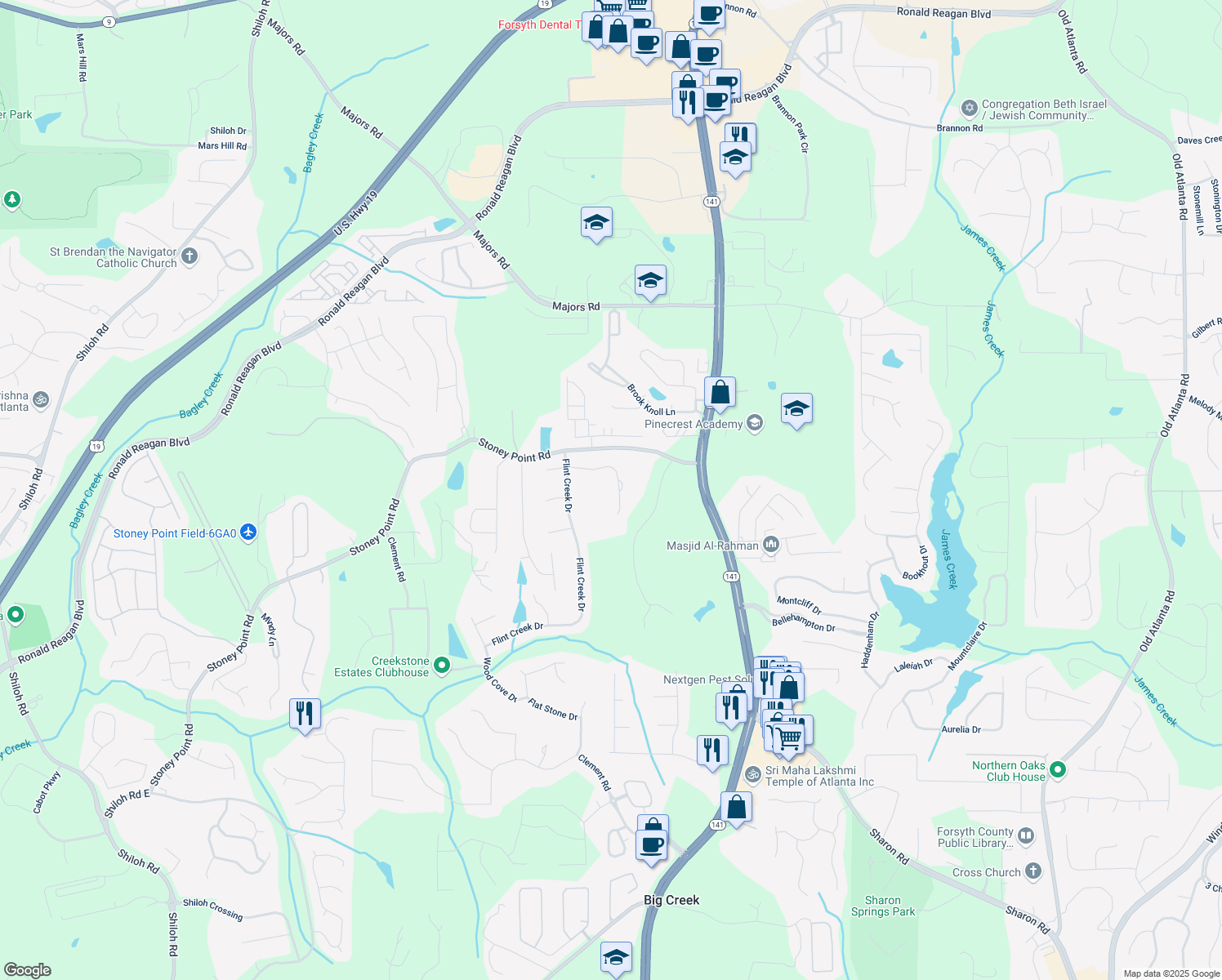 map of restaurants, bars, coffee shops, grocery stores, and more near 2595 Hermitage Drive in Cumming