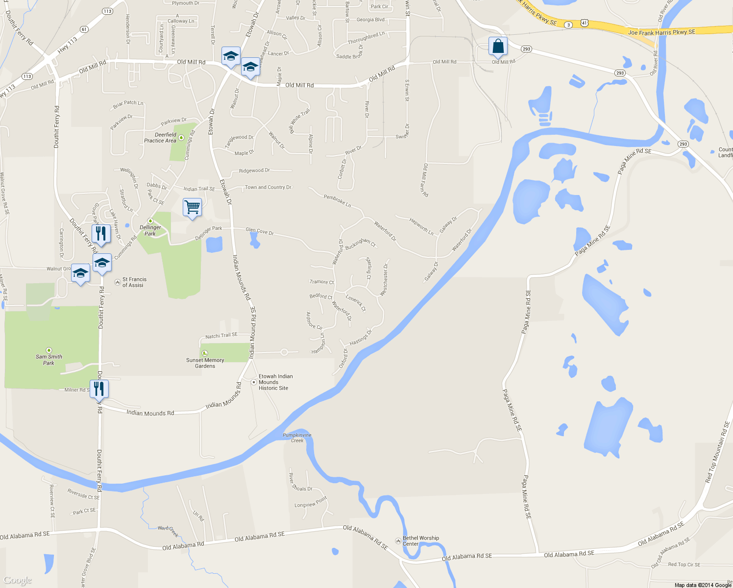 map of restaurants, bars, coffee shops, grocery stores, and more near 13 Westchester Dr in Cartersville