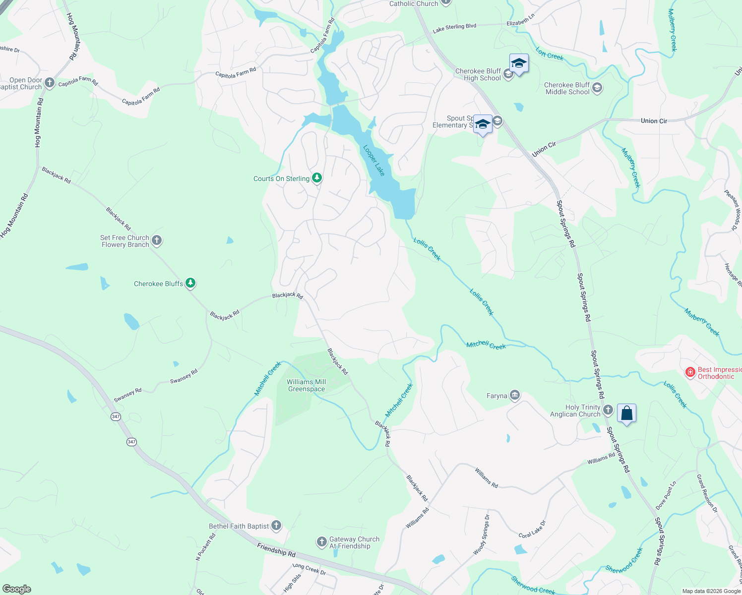 map of restaurants, bars, coffee shops, grocery stores, and more near 6181 Lollis Creek Road in Flowery Branch