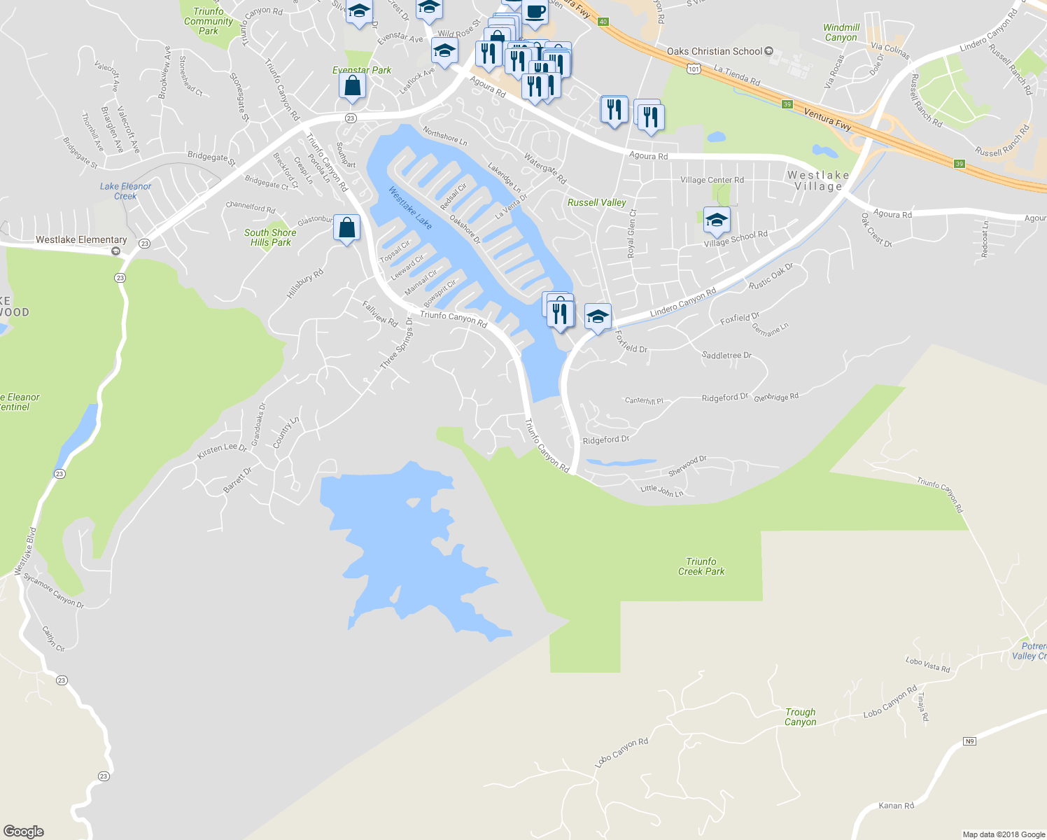 map of restaurants, bars, coffee shops, grocery stores, and more near 32304 Saddle Mountain Drive in Westlake Village