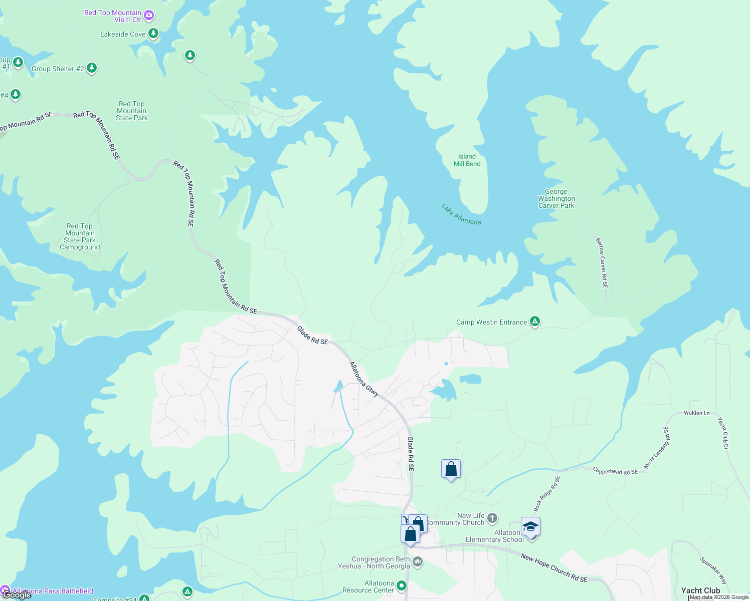 map of restaurants, bars, coffee shops, grocery stores, and more near 7296 Island Mill Road Southeast in Acworth