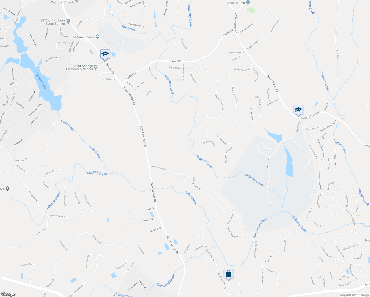 map of restaurants, bars, coffee shops, grocery stores, and more near 7035 Deaton Henry Road in Flowery Branch