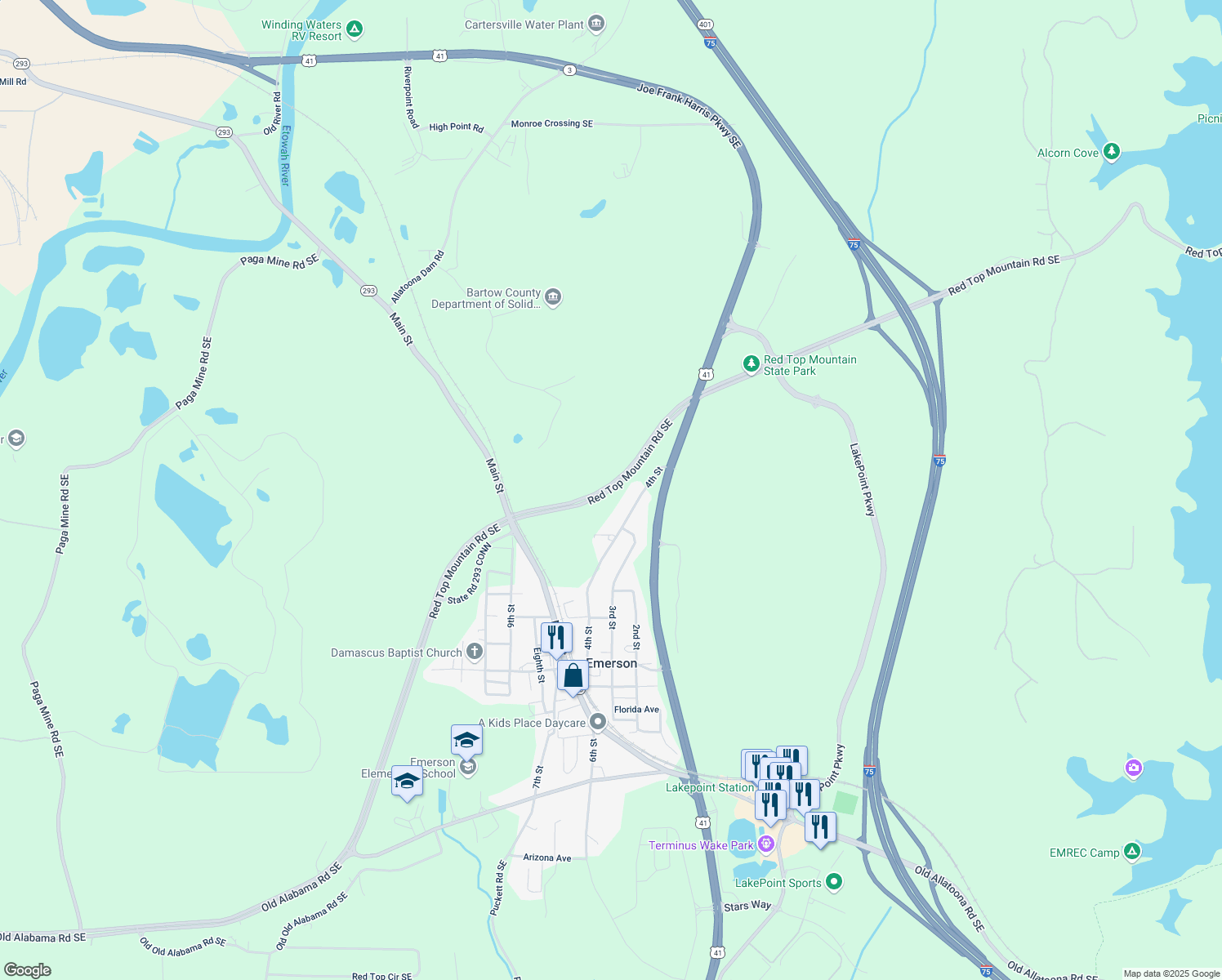 map of restaurants, bars, coffee shops, grocery stores, and more near Red Top Mountain Road Southeast in Cartersville